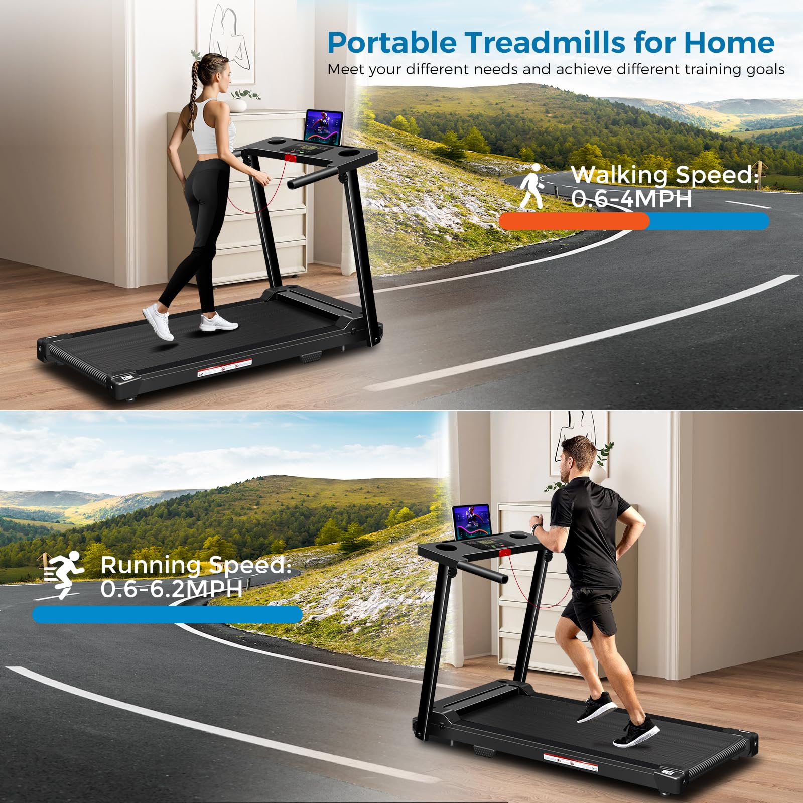 Treadmill with Handles, 2025 Upgraded Small Treadmills Home, Portable Electric Treadmills for Home 300 lbs Capacity,Walking Pad Treadmill,Lightweight Folding Foldable Walking Pad with LED Display
