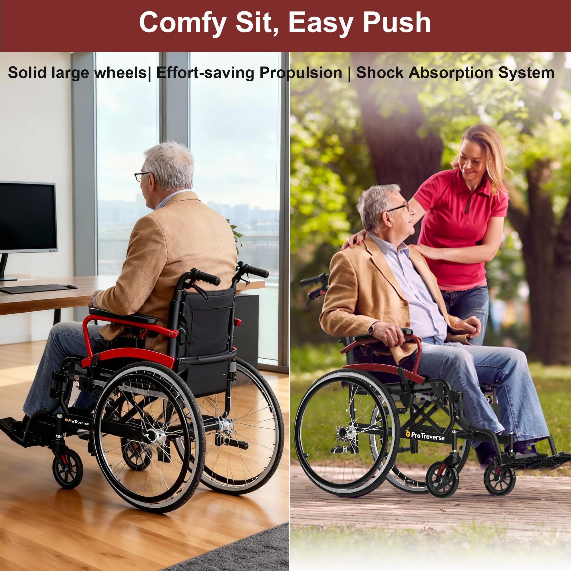 ProTraverse Wheelchairs for Adults,self-propelled Transport Chair,Foldable and Portable Travel Wheelchair with Swing-Away Footrests,Lightweight Transfer Wheelchairs for Adults adnd Seniors(Red)