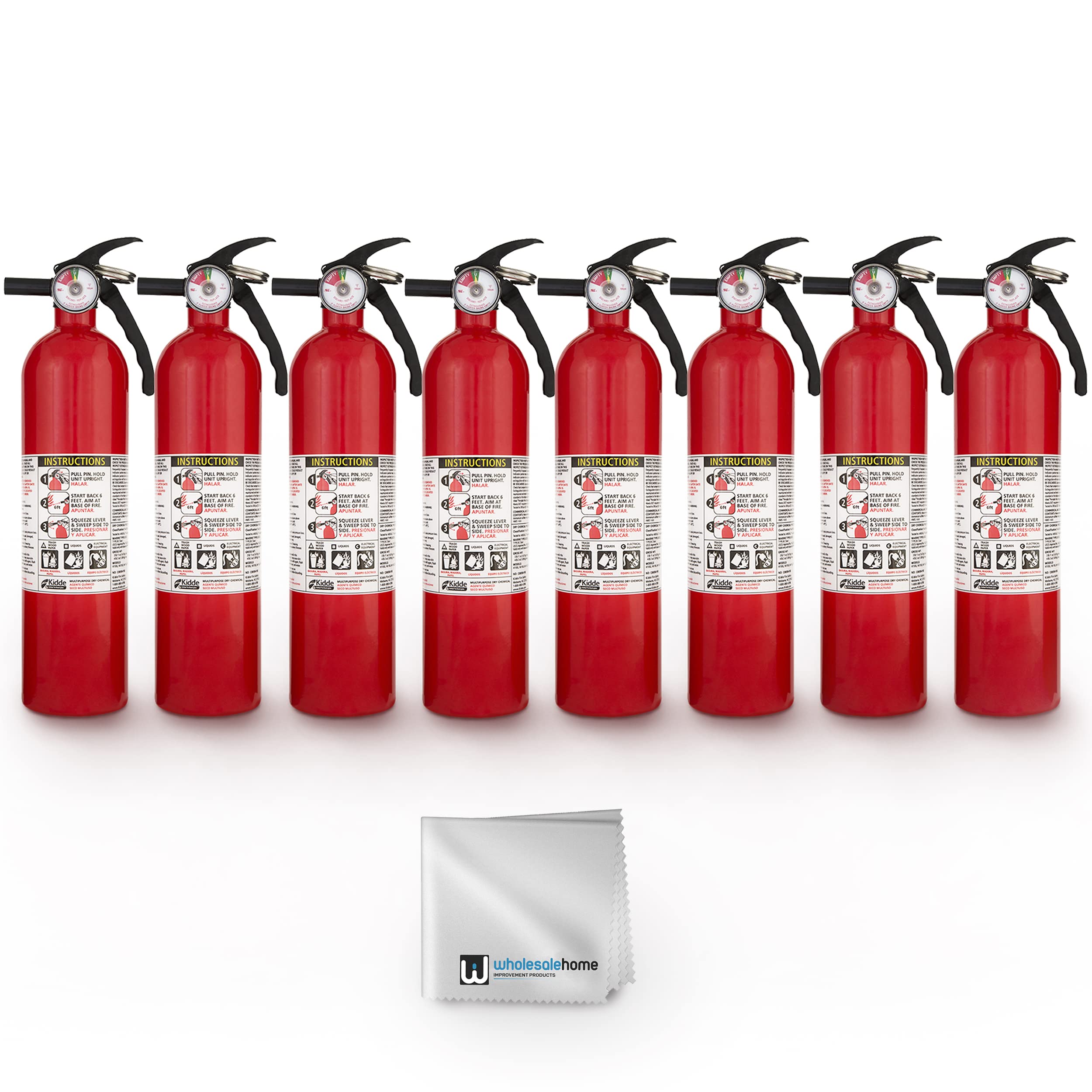Kidde FA110 Multipurpose Fire Extinguishers 8 Pack - Red, (Rating 1-A:10-B:C) Includes Wholesalehome Cleaning Cloth