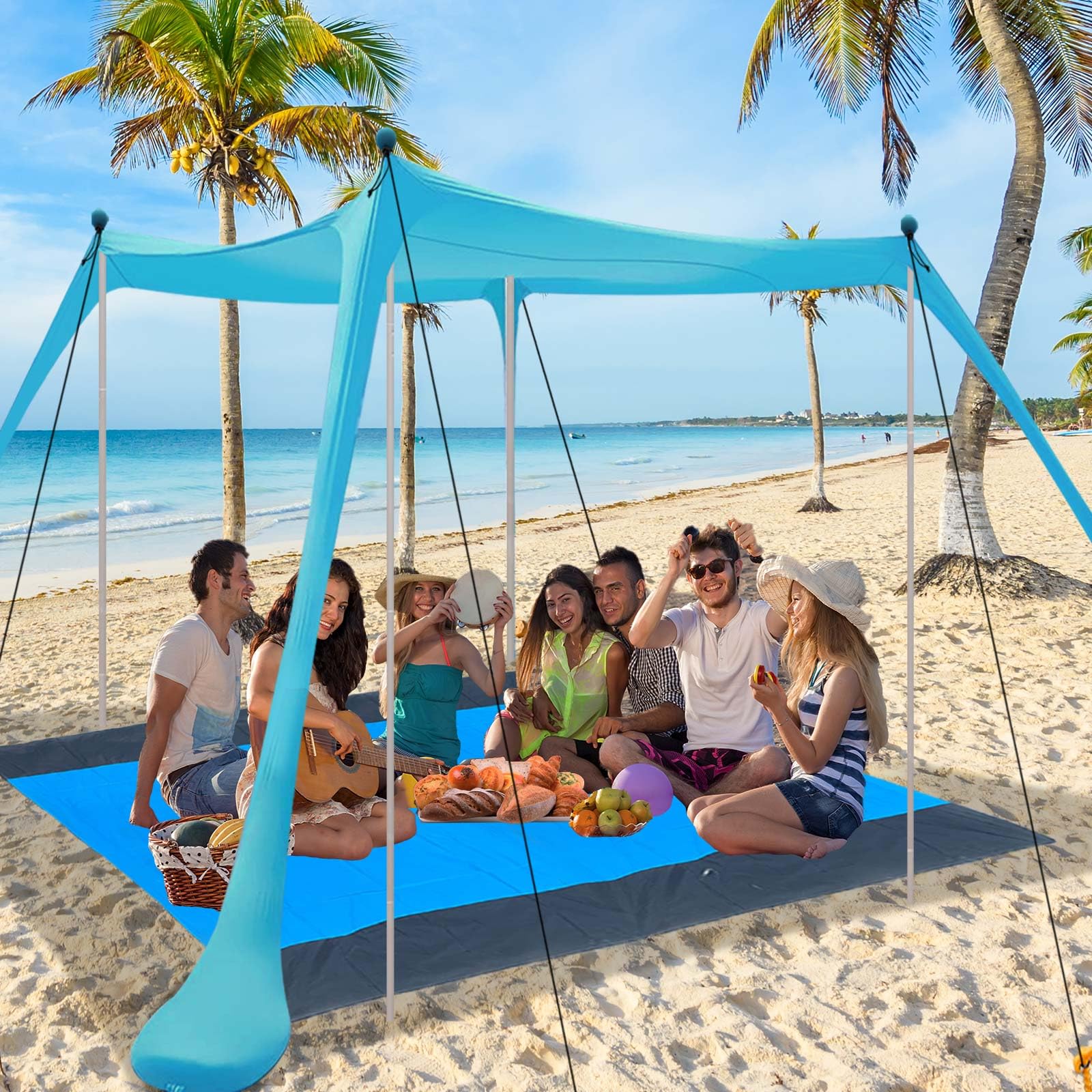Beach Canopy Beach Tent Sun Shelter 11X11 FT Include Beach Blanket UPF50+ Sun Protection Windproof Ropes 4 Poles Carry Bag Easy to Set Up Extra Large for Outdoor Camping
