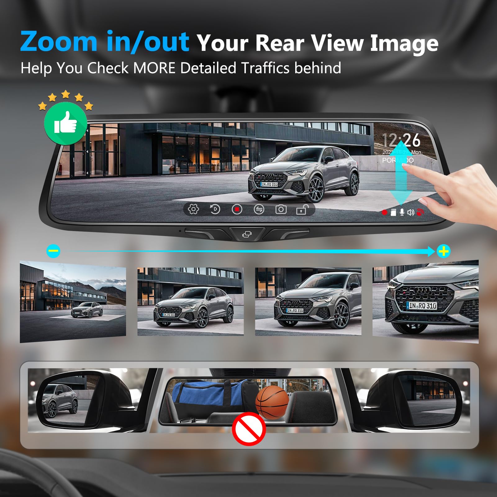 PORMIDO OEM 2K Rear View Mirror Camera,10" Mirror Dash Cam with Detached Front Backup Camera, Smart Full Touchscreen Rearview WDR Dashcam with Built-in GPS,64GB Card,Parking Monitor,Night Vision