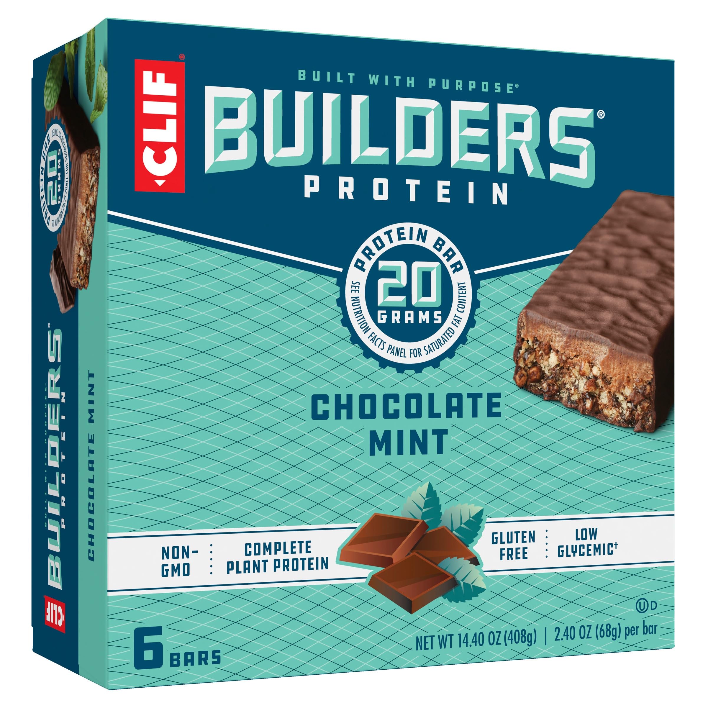 CLIF Builders - Chocolate Mint Flavor - Plant Based Protein Bars - Gluten Free - Non-GMO - Low Glycemic - 20g Protein - 2.4 oz. (6 Pack)