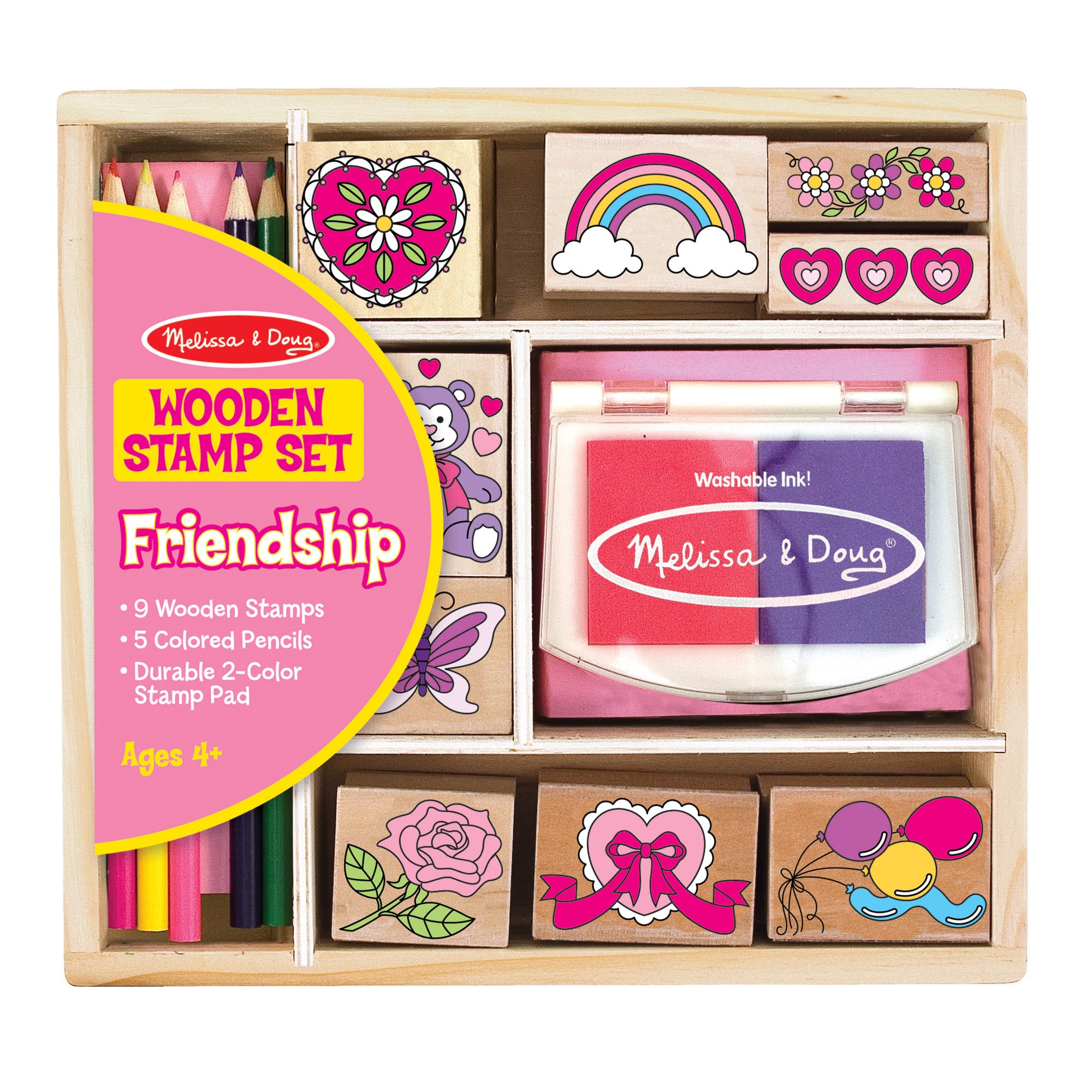 Melissa & Doug Wooden Stamp Set: Friendship - 9 Stamps, 5 Colored Pencils, and 2-Color Stamp Pad - FSC Certified