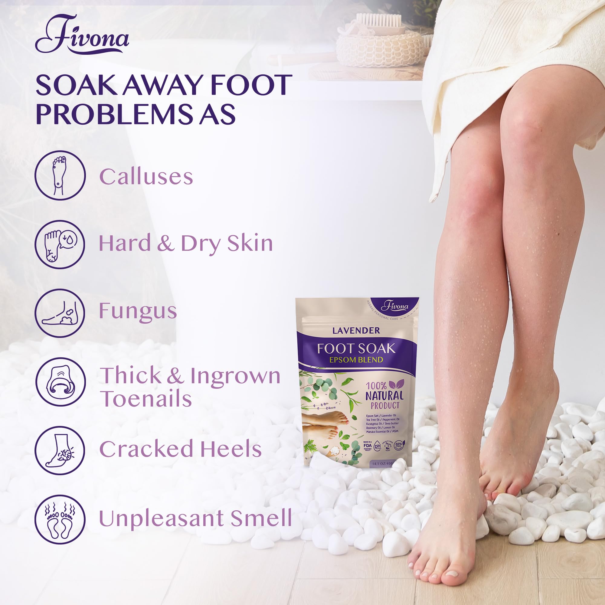 Fivona Foot Soak Blend Epsom Salt with Lavender 14.1 oz - Calming Foot Bath Salt, Relax & Renew Tired Feet, Soothe Soreness, Soften Calluses - Rejuvenating Pedicure Spa at Home