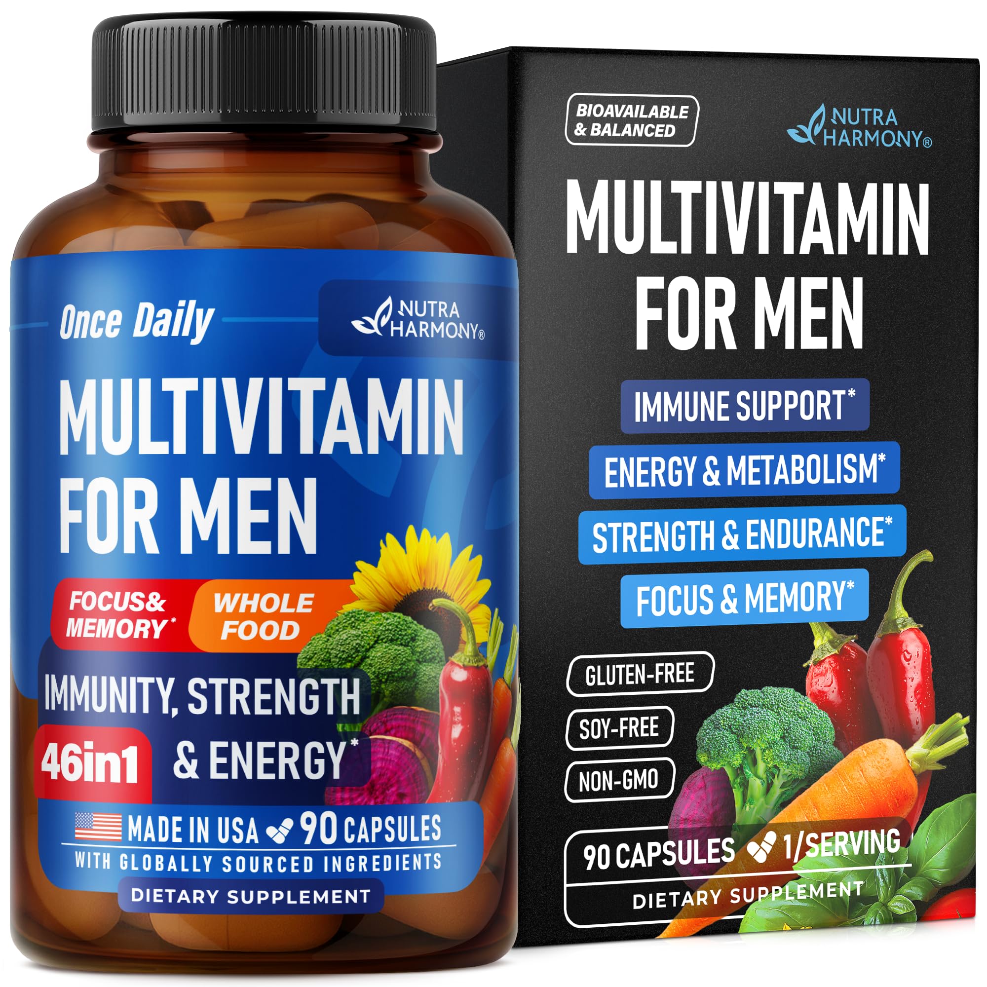 Multivitamin for Men - B-Complex | Whole Foods & Enzymes - Energy, Focus & Brain | Men's Health Complex - 46in1 Mens Multivitamin - Bioavailable & Gentle on Stomach - Made in USA - 90 Capsules, 1/Day