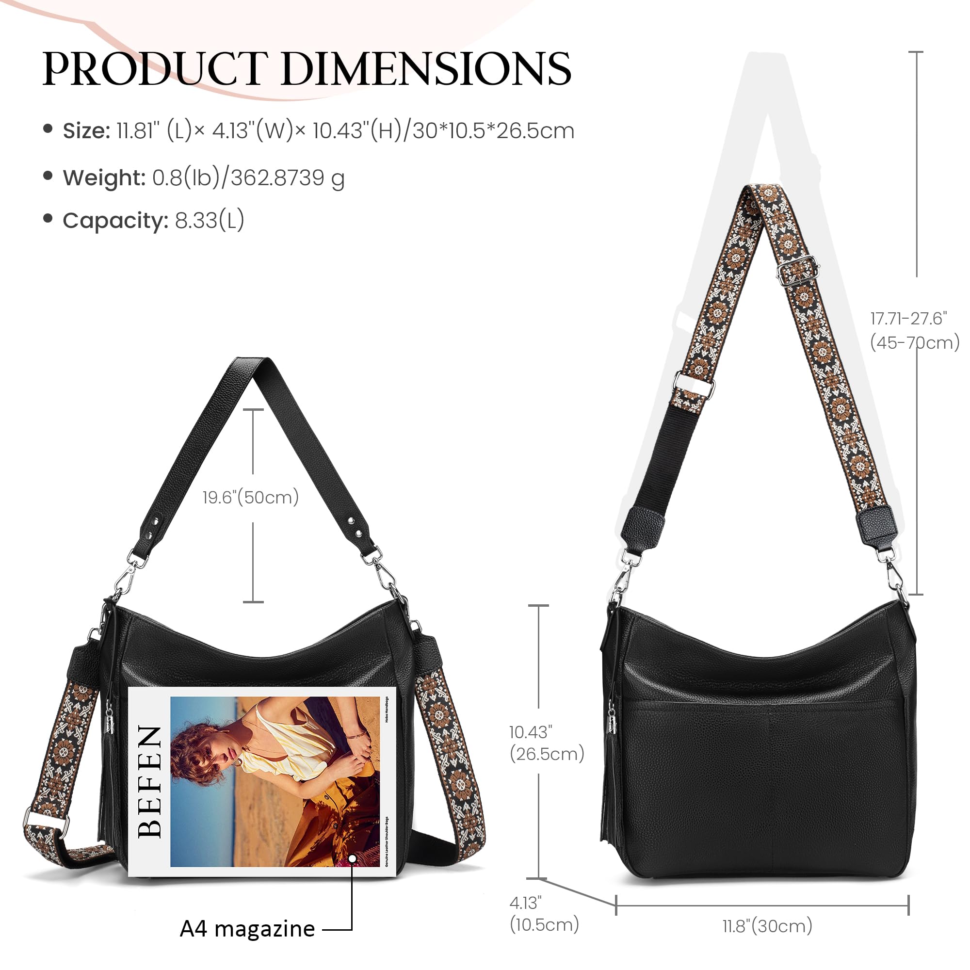 befen Genuine Leather Crossbody Bags for Women, Black Leather Purse Soft Real Hobo Crossbody with 2 Removable and Adjustable Straps Trendy Womens Purses and Handbags for Everyday