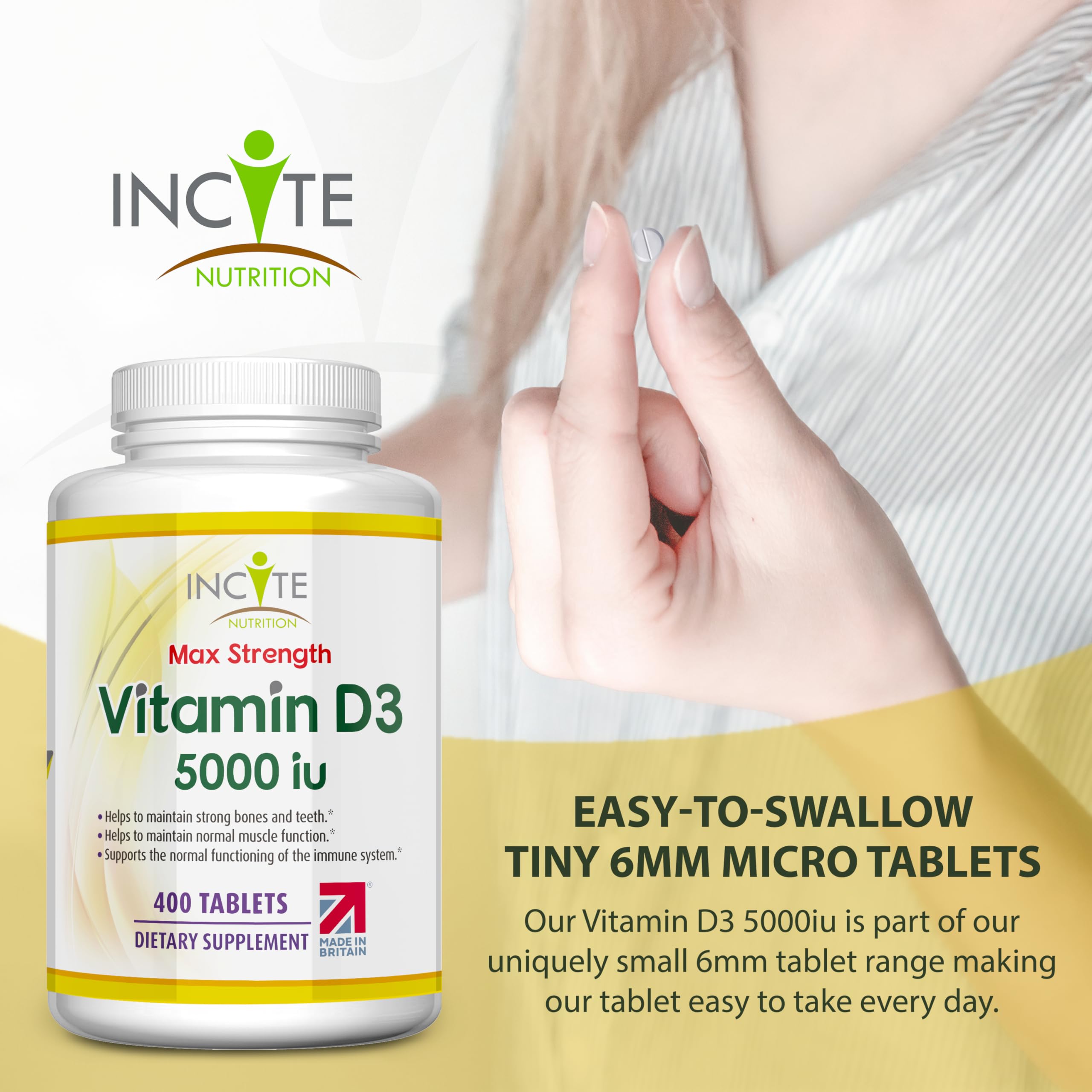 Incite Nutrition Vitamin D 5000 iu - 400 Premium Vitamin D3 Easy-Swallow Micro Tablets - One a Day High Strength Cholecalciferol VIT D3 5000iu - Vegetarian Supplement - Made in The UK