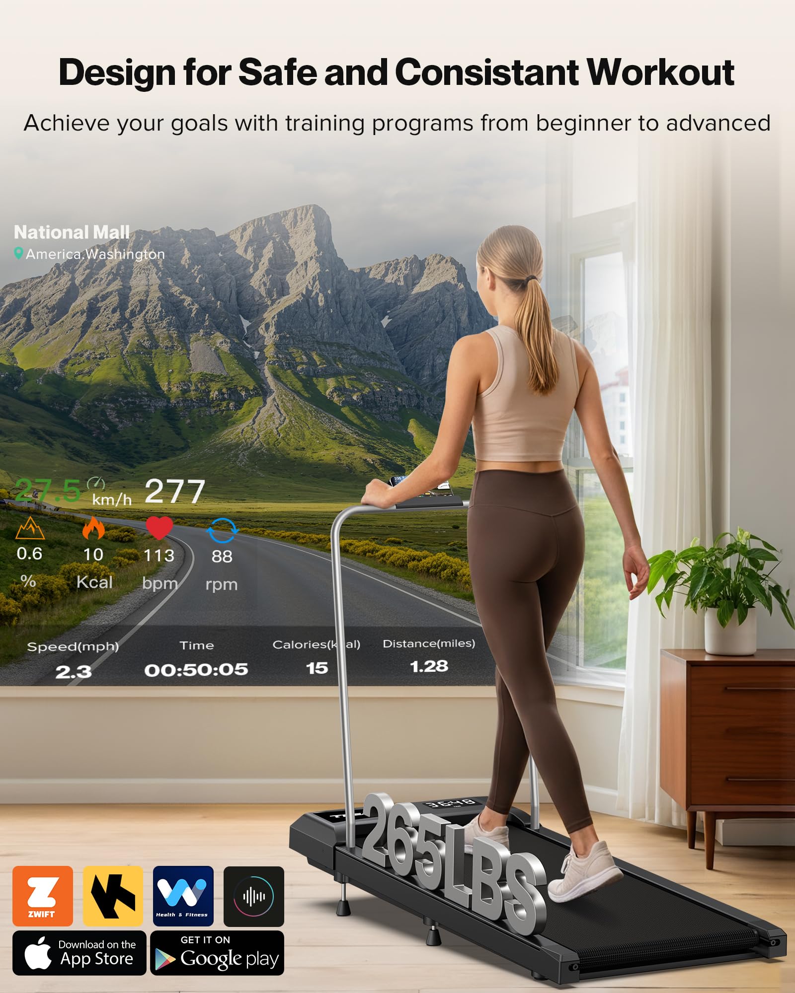 WELLFIT Under Desk Walking Pad with Handlebar, Lightweight 29lb Walking Treadmills for Home Small Space, 265LB Capacity Compact Smart Walking Pads with 10% Incline Works with KINOMAP Apple Health