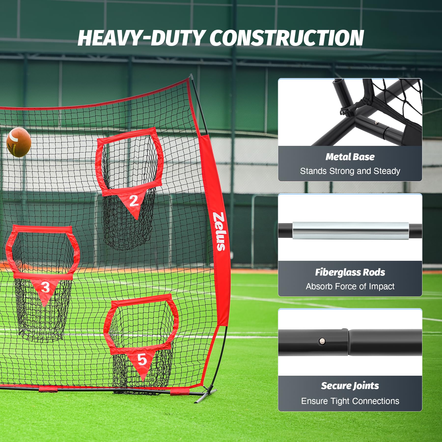 ZELUS 6 x 6ft Football Throwing Net, Quarterback Training Equipment with 5 Target Pockets, Football Practice Throwing Passing Accuracy Trainer with Carry Bag Ground Stakes for Kids Adults, Red