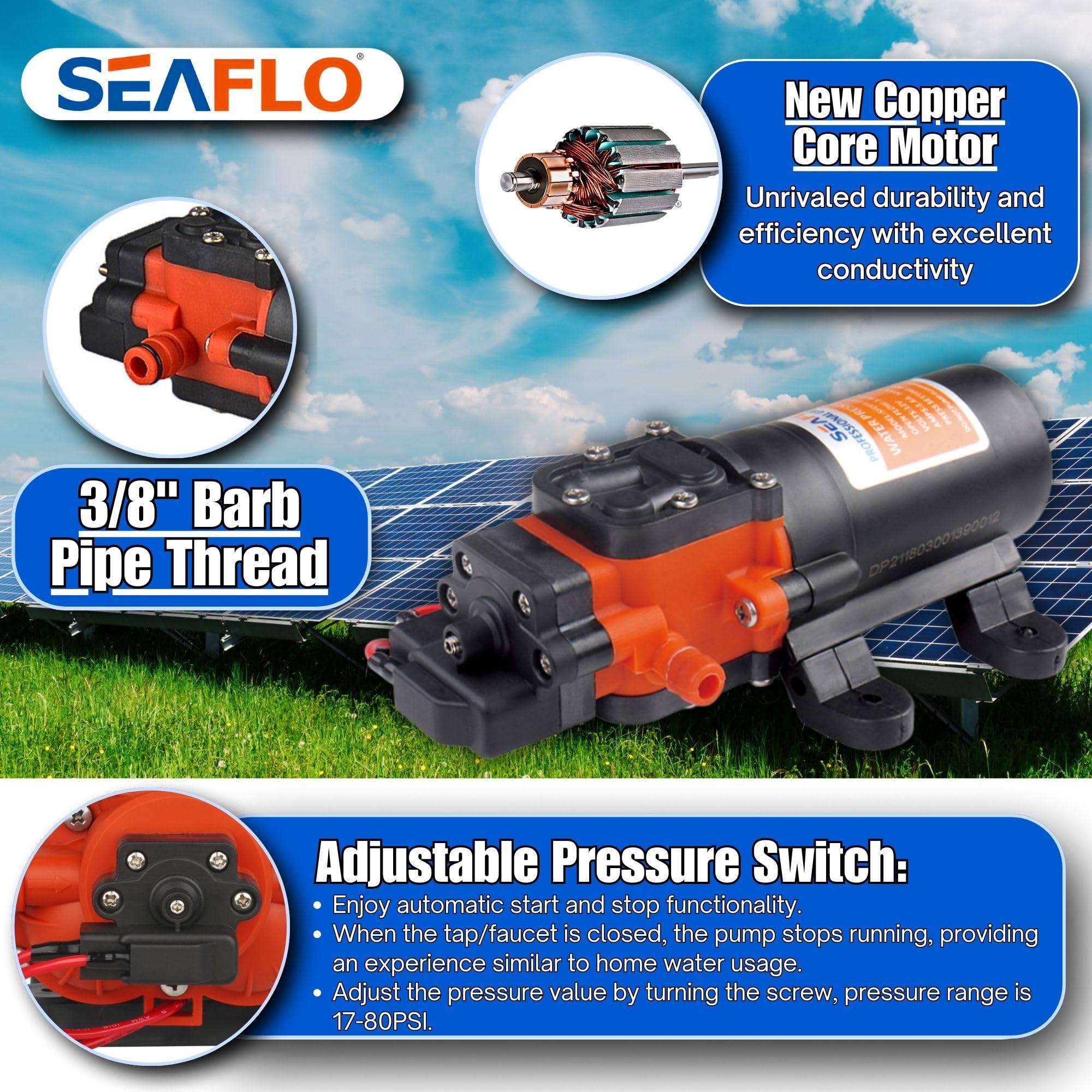 SEAFLO 21-Series Water Pressure Diaphragm Pump - 12V DC, 1.2 GPM, 35 PSI with Adjustable Pressure Switch, Self-Priming, Quiet Operation for RV, Boat, and Off-Grid Applications