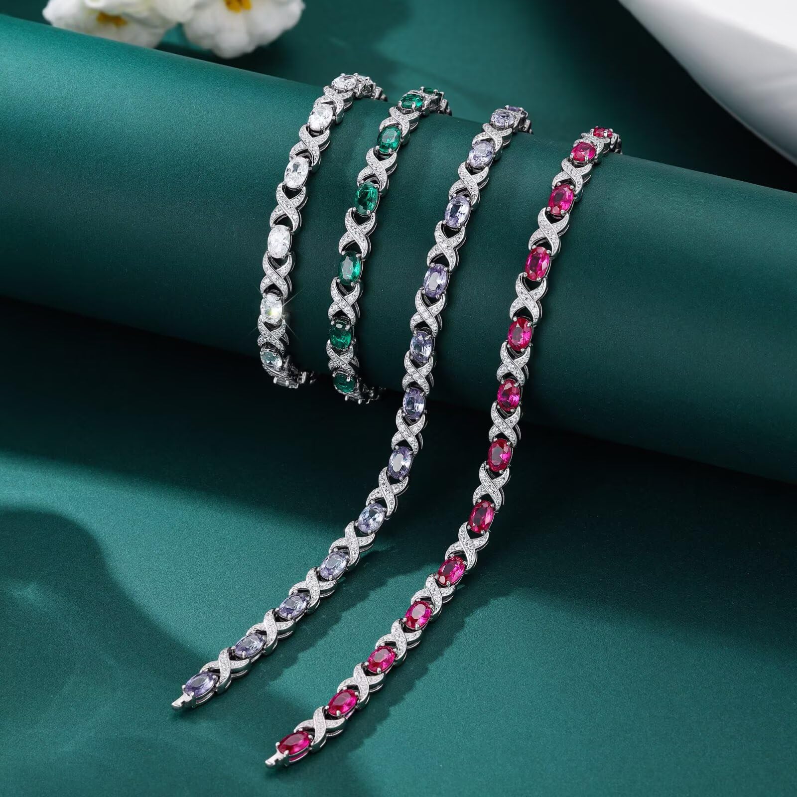 Iefil April Birthstone CZ Tennis Bracelets Unique X O Design Oval Birthstone Bracelets for Women Mothers Day Gifts Anniversary Jewelry Gifts for Wife Mom 7"