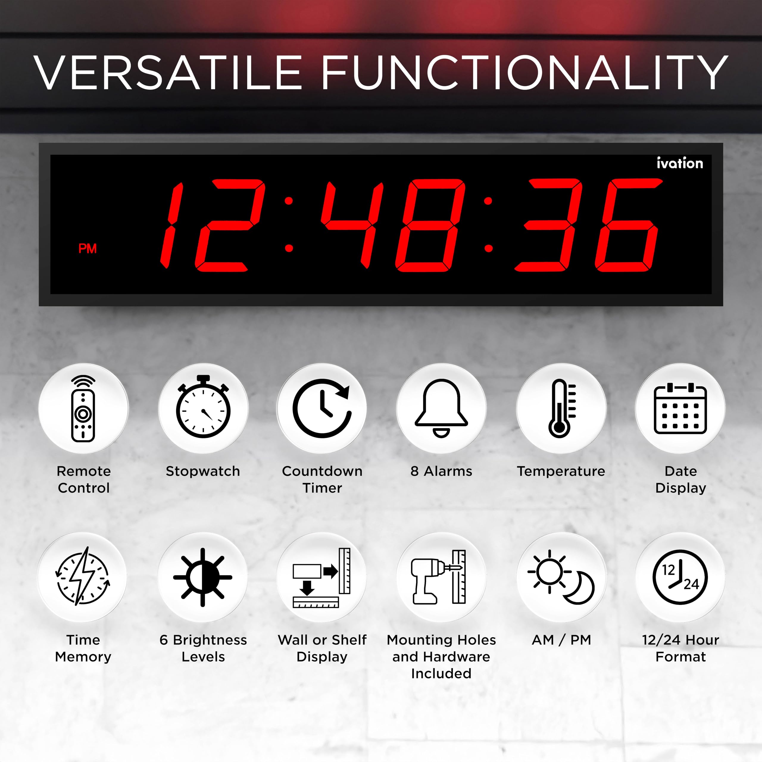 Ivation Oversized 36" Large Digital LED Clock | Big Digital Clock w/Multi-Function Display – Stopwatch, Timer, Alarms, Temp & Date | 6 Brightness Levels, Time Memory & Remote (Red)