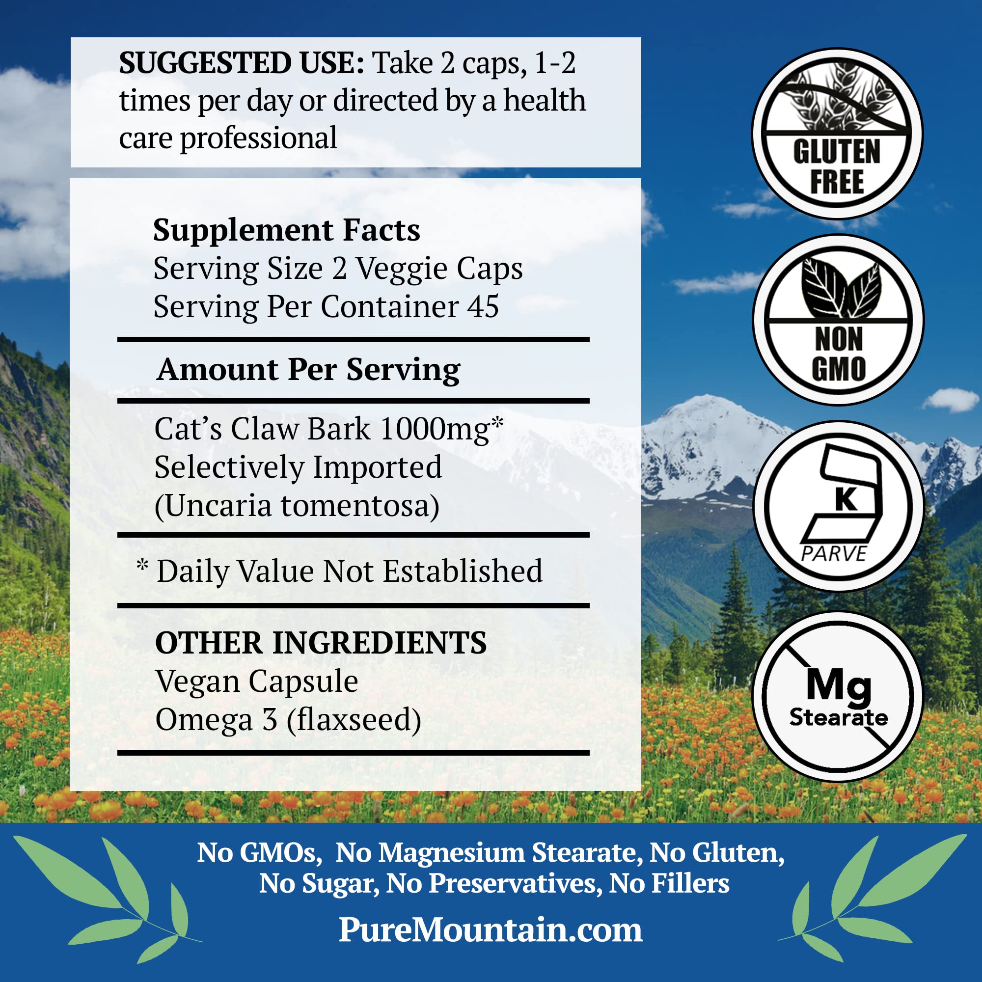 Pure Mountain Botanicals Catβs Claw Capsules - 90 Kosher Vegan Caps with 1000mg Peruvian Cats Claw Uncaria Tomentosa Herbal Supplement