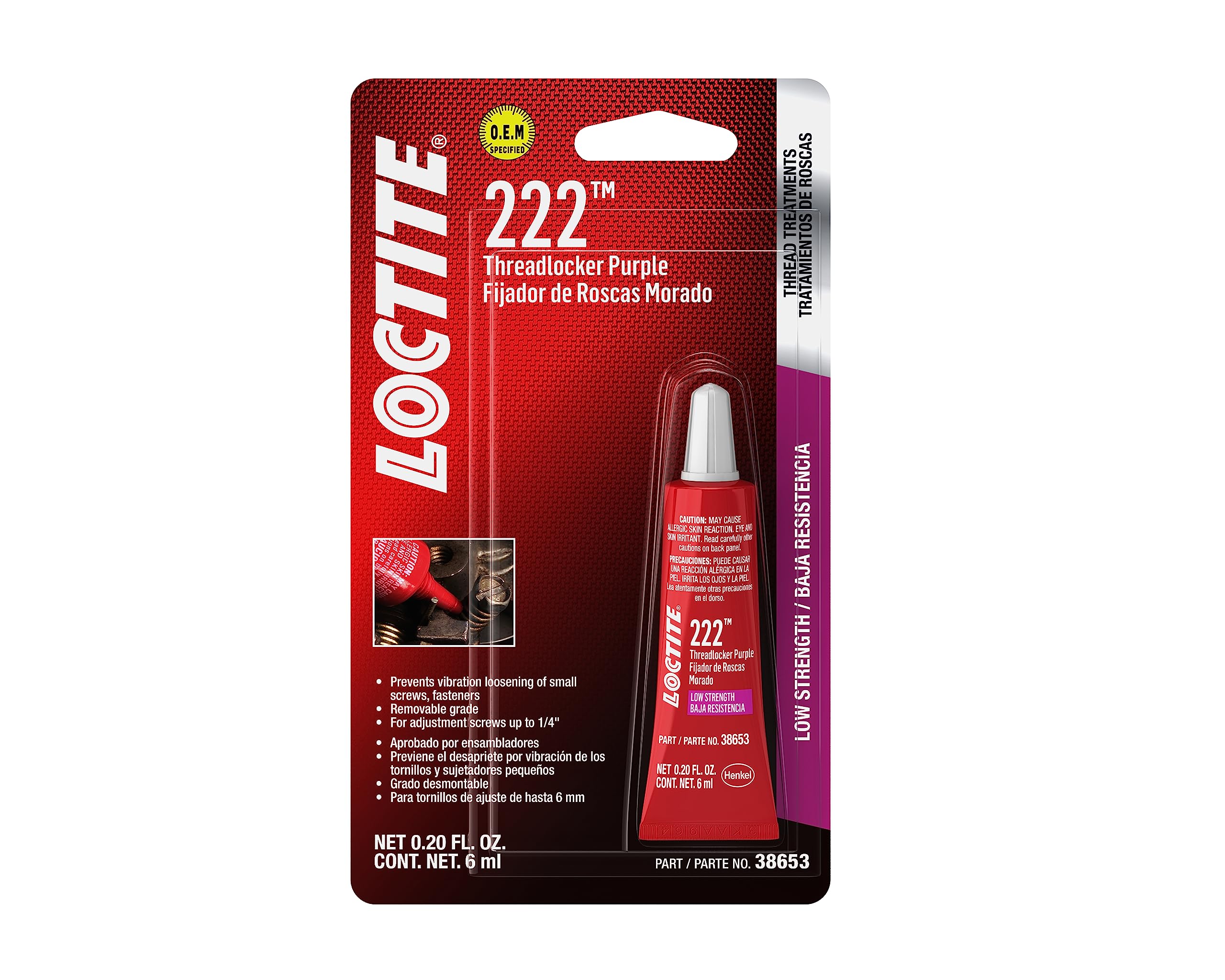 Loctite 222 Threadlocker for Automotive: High-Temperature, Low-Strength, Anaerobic, One-Piece Assembly, Non-Corrosive, Locks and Seals | Purple, 6 ml Tube (PN: 38653-555339)