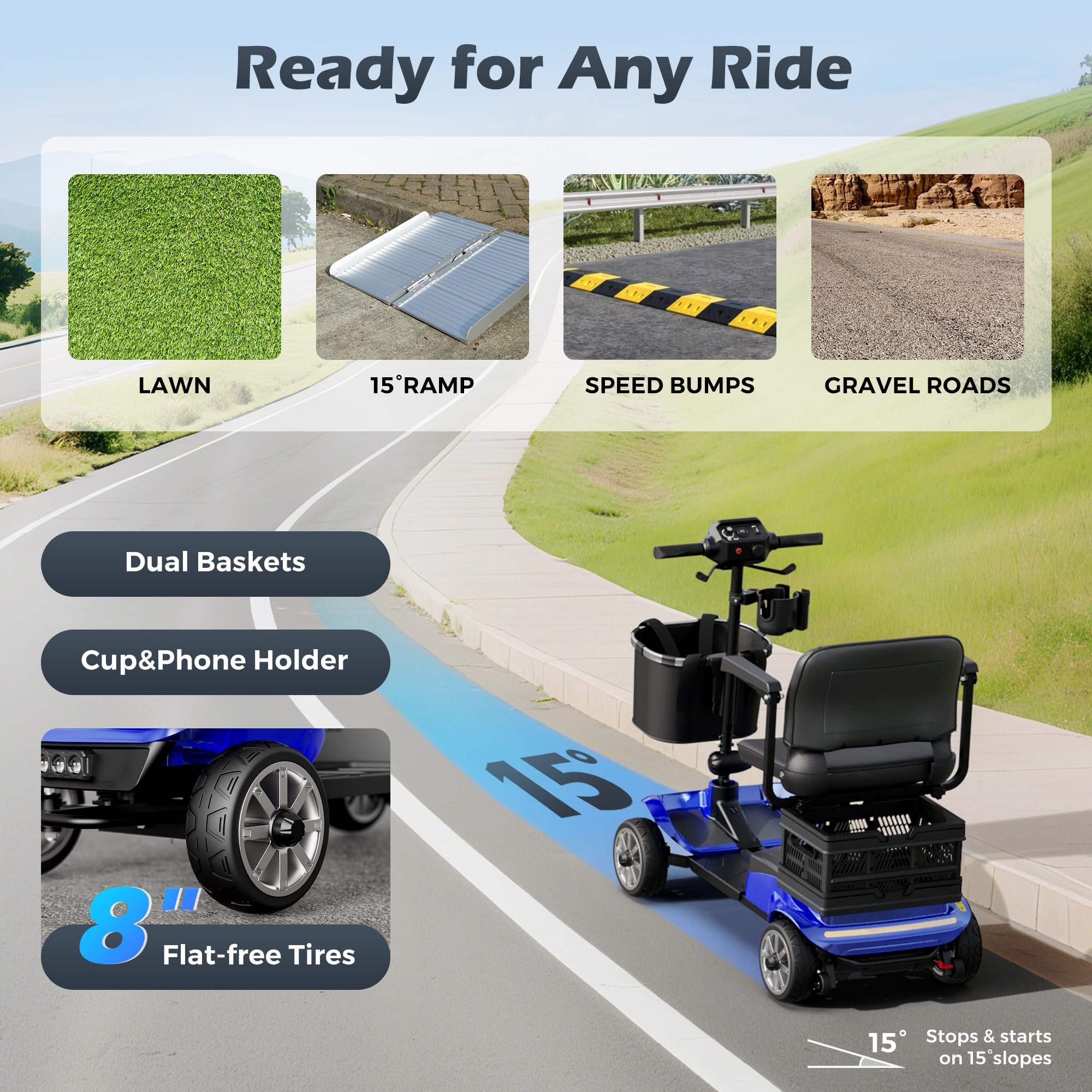 Foldable 4-Wheel Mobility Scooter for Adults – Portable Motorized Scooter with 330 lbs Capacity, Detachable Battery, Dual Baskets, Cup & Phone Holder, Blue