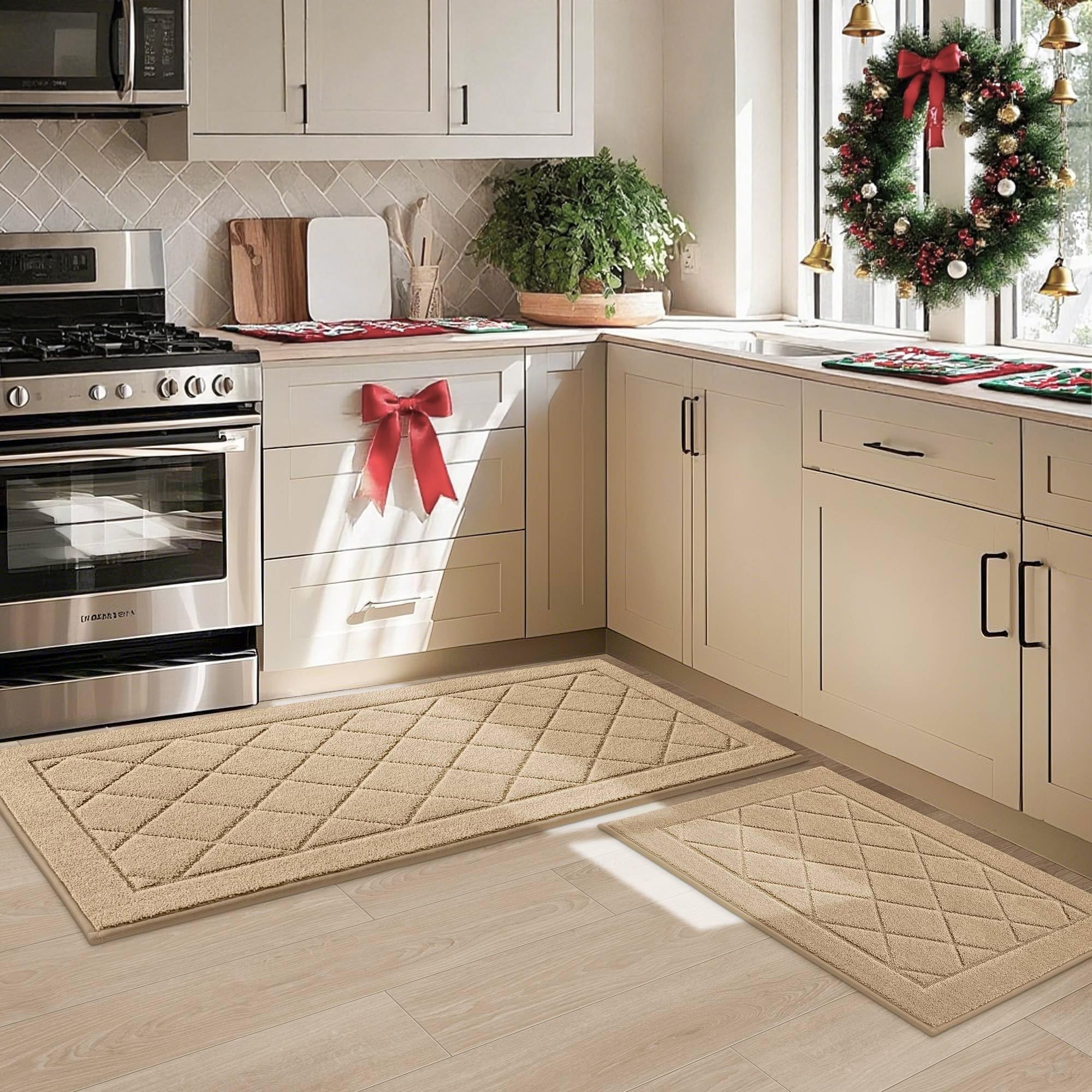 JSEI Non-Slip Kitchen Rugs, Self Adhesive No Sliding Kitchen Mats Set of 2, Soft Washable Absorbent Floor Mat for Kitchen, Bathroom, Laundry Room, Bedroom, 20”x32”+32”x48”, Beige, Diamond Pattern