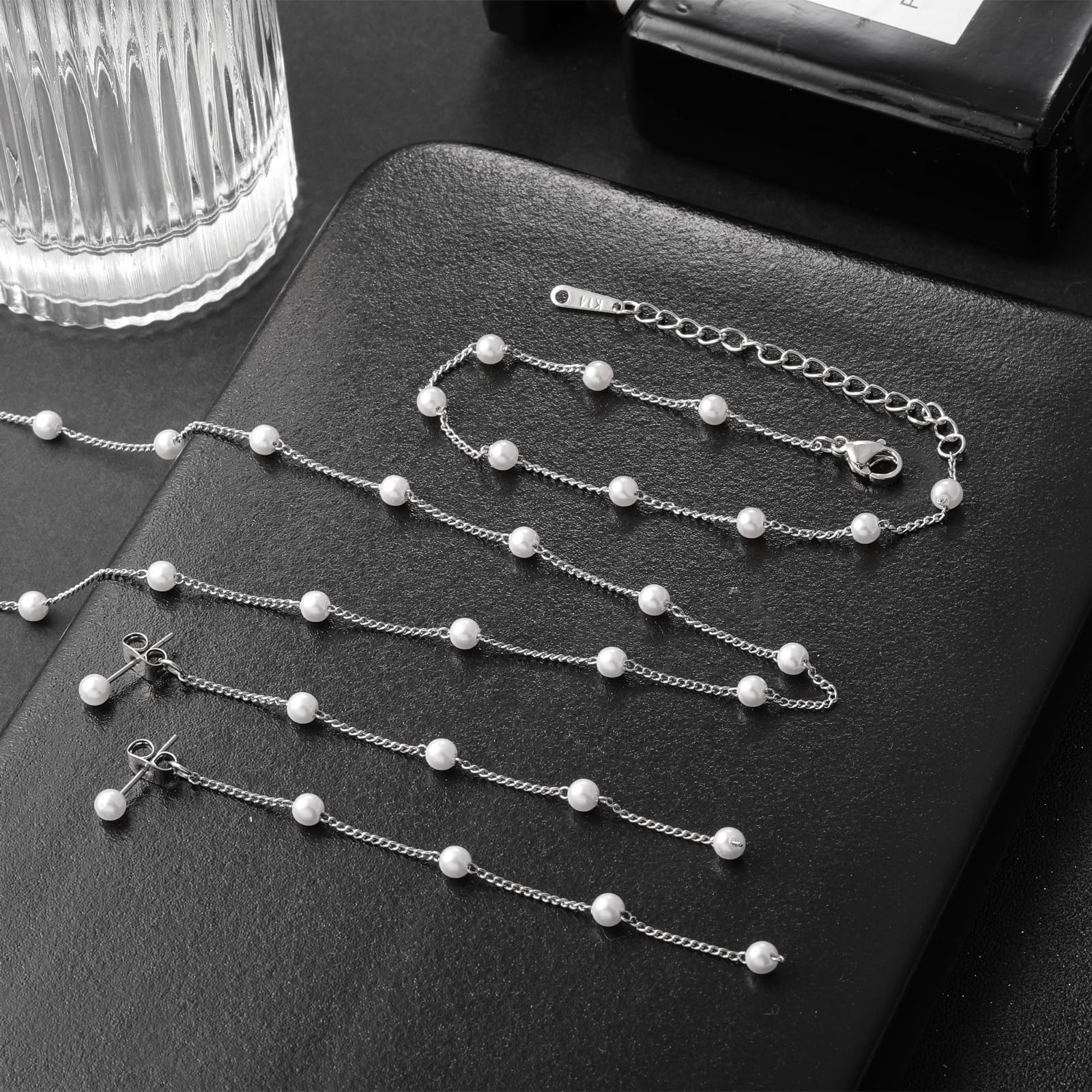 KesaPlan Silver Jewelry Set for Women Pearl Necklace and Earring Set Silver Plated Pearl Stud Earrings Adjustable Pearl Bracelets Pearl Choker Necklace Wedding Jewelry for Women