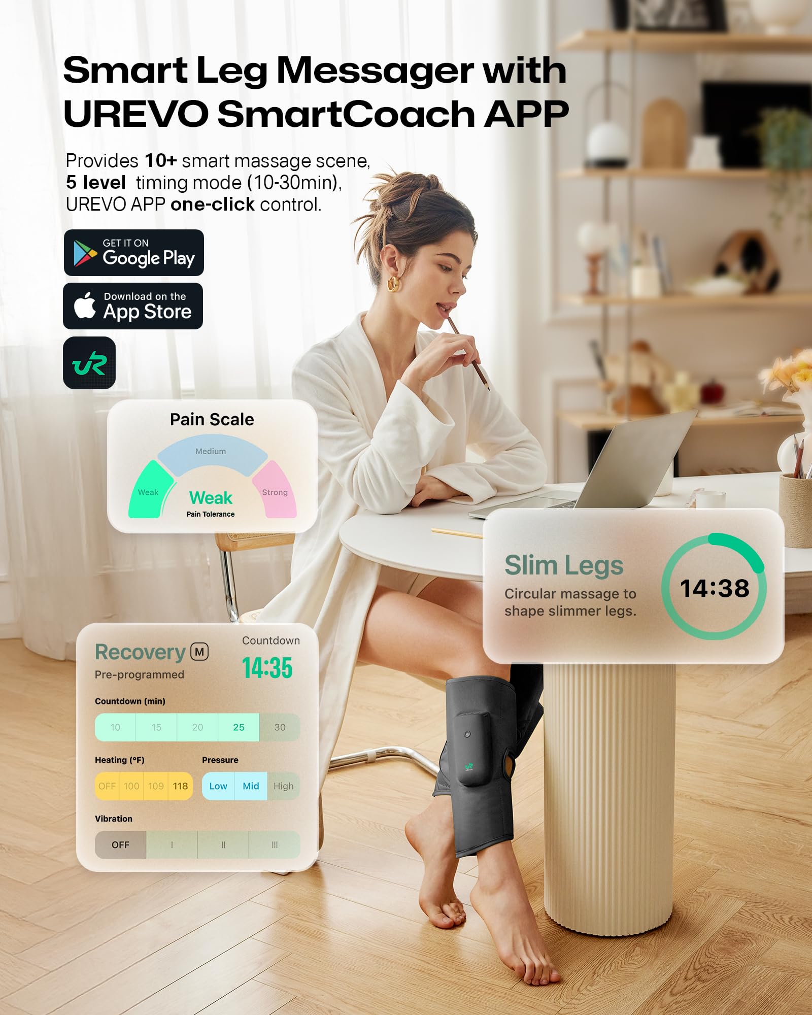 UREVO Smart Calf Massager with AI Massage Adaptation, Air Compression – Cordless Leg Massager for Circulation, Relaxation & Leg Sculpting – 3 Modes & 3 Intensities, Adjustable Heat, Long Battery