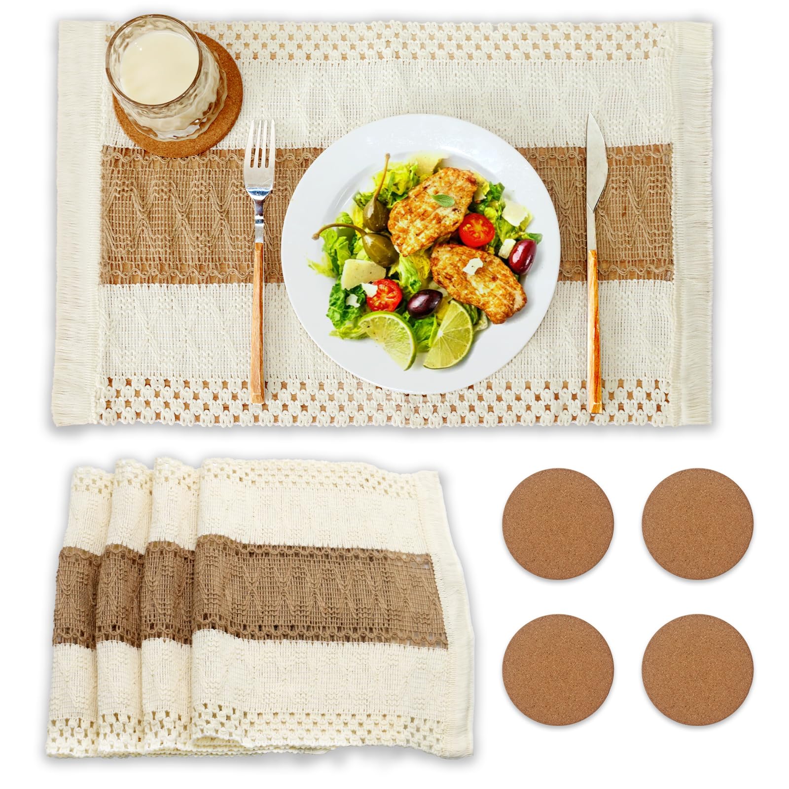 Maxsolve Boho Placemats and Cork Coasters Pack of 4,Natural Cotton Burlap Place Mats and Cork Coasters, Macrame Table Decor Dining Table Home Kitchen Décor for Party,Birthday,Anniversary and More