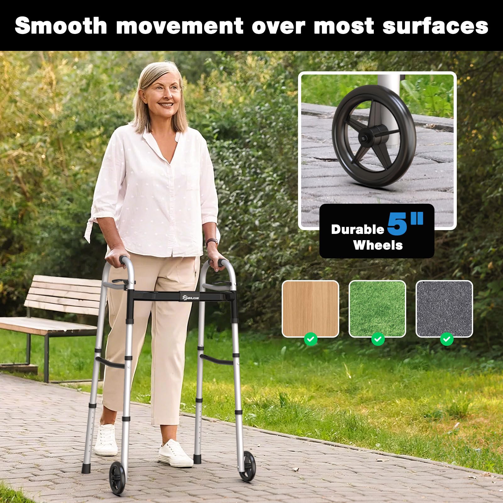 Whlicks Narrow Folding Walkers for Seniors,Aluminum Lightweight Walkers with Wheels, Adjustable Width and Height Front Wheel Walker for Elderly and Disabled, Supports up to 350 lbs