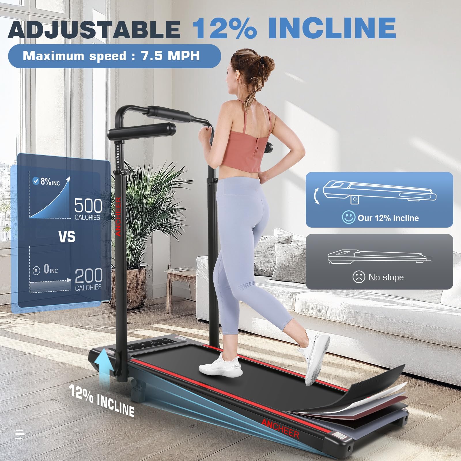 ANCHEER Treadmill with Desk Workstation& Adjustable Height, Folding Treadmill with 8% Incline,3.5HP Walking Pad for Home, 300lbs Weight Capacity/Ultra-Quiet/3 Type Control(Black Red)