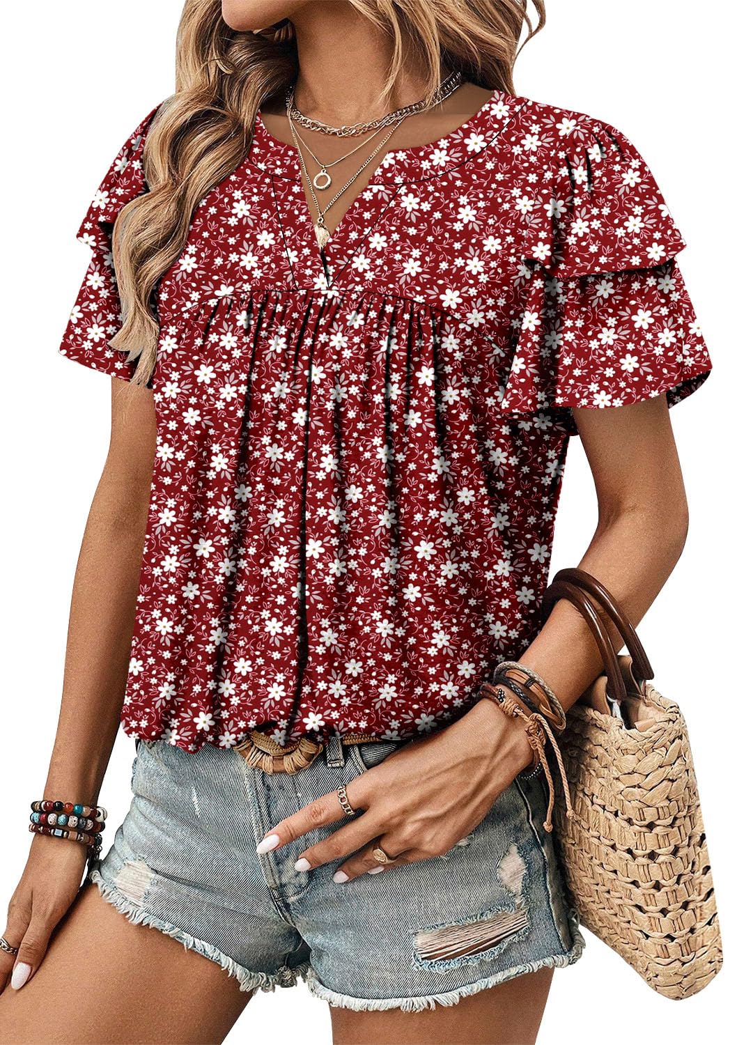 BETTE BOUTIK womens tops summer crewneck ruffle short sleeve blouses for women cute tops for women TomatoRed 3X-Large