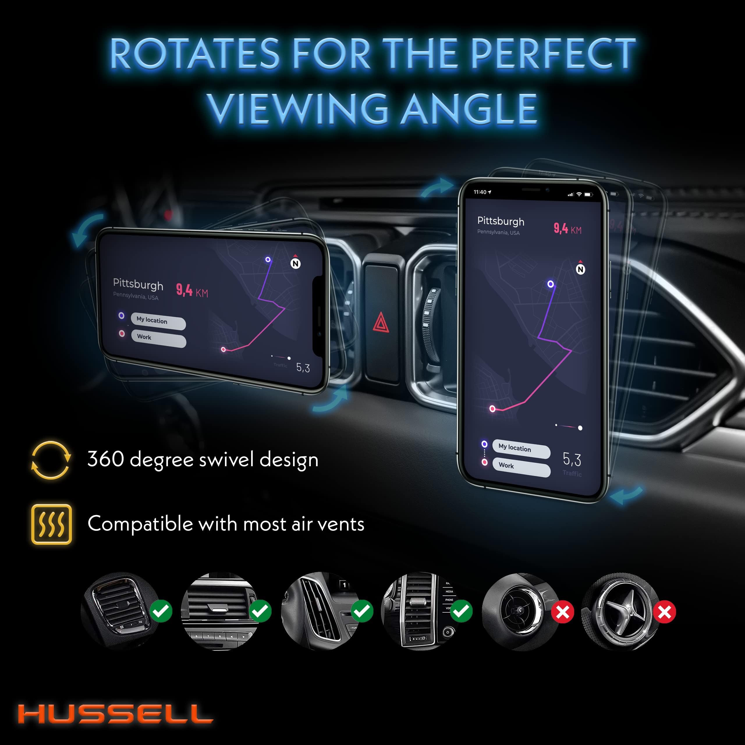 HUSSELL Magnetic Phone Car Mount, Air Vent Phone Mount for Car 360° Adjustable Universal Magnet Phone Holder - Compatible with Any Cell Phone, iPhone Galaxy LG Huawei