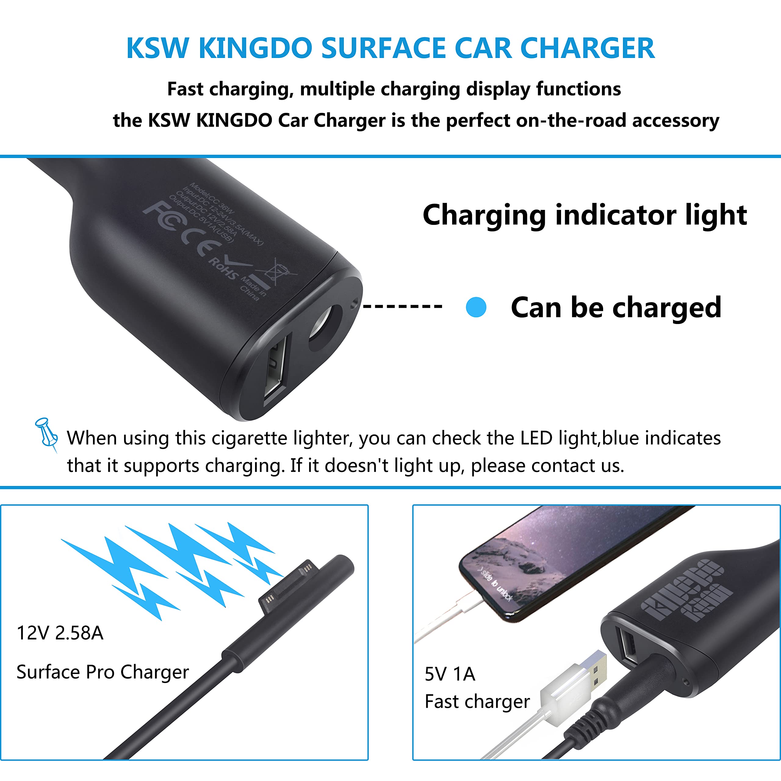 Surface Pro Car Charger Surface Laptop Car Charger,36W 12V 2.58A Power Supply for Microsoft Surface Pro 3/4/5/6/Book/Go,Surface Pro 9,Surface Laptop car charger with USB 2.0 Port(5Ft Cord)&Travel Case