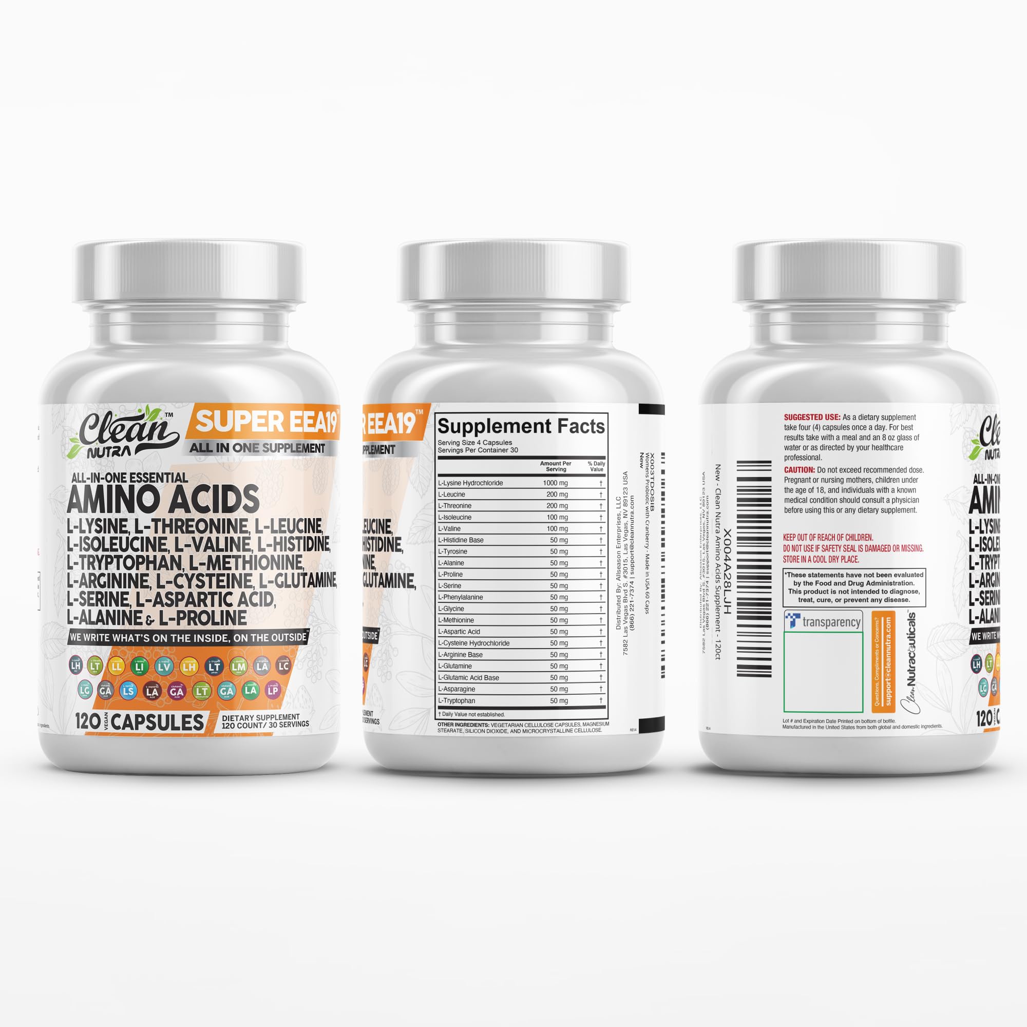 Clean Nutraceuticals Amino Acids Supplement L-Lysine, L-Threonine, L-Leucine, Isoleucine, Valine, L-Histidine, L-Tryptophan, L-Methionine, L-Arginine, L-Cysteine, L-Glutamine, L-Serine, Aspartic Acid