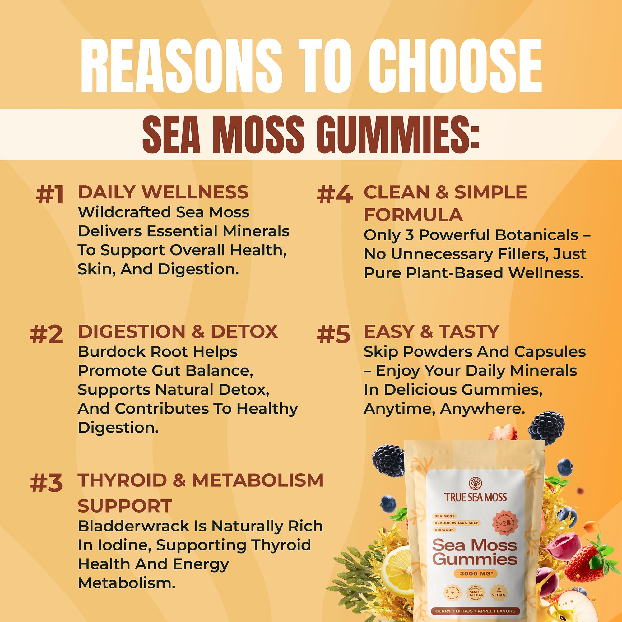 TrueSeaMoss Gummies 3000mg – Irish Sea Moss with Bladderwrack & Burdock Root – 3-in-1 Multi Mineral Vegan Supplement – Fruity Flavor Gummies for Immune & Gut Health – USA Made – 60 Count