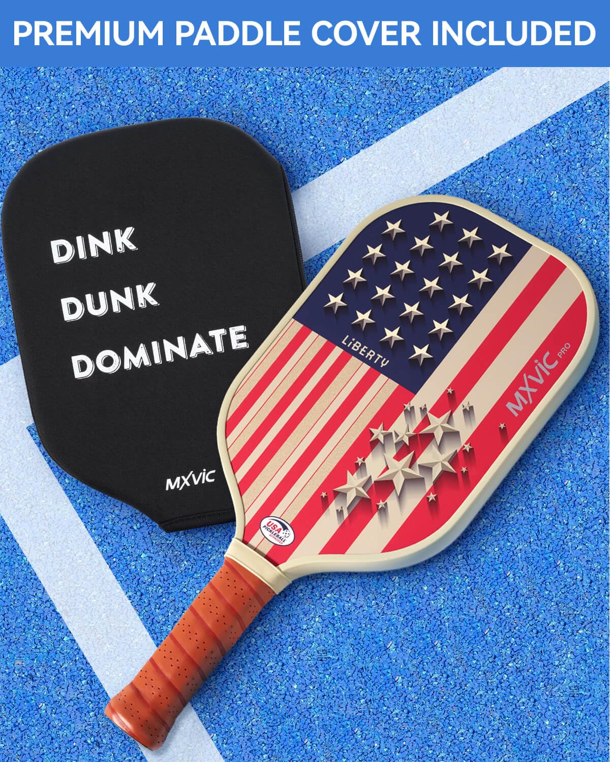 MXVIC 16mm Pickleball-Paddle, T700 Carbon-Fiber Surface (CFS) with High Grit & Spin, USAPA Approved Power and Control Paddle with Cover | 2024 American Flag Pickle-Ball Racket for Intermediate, Pro