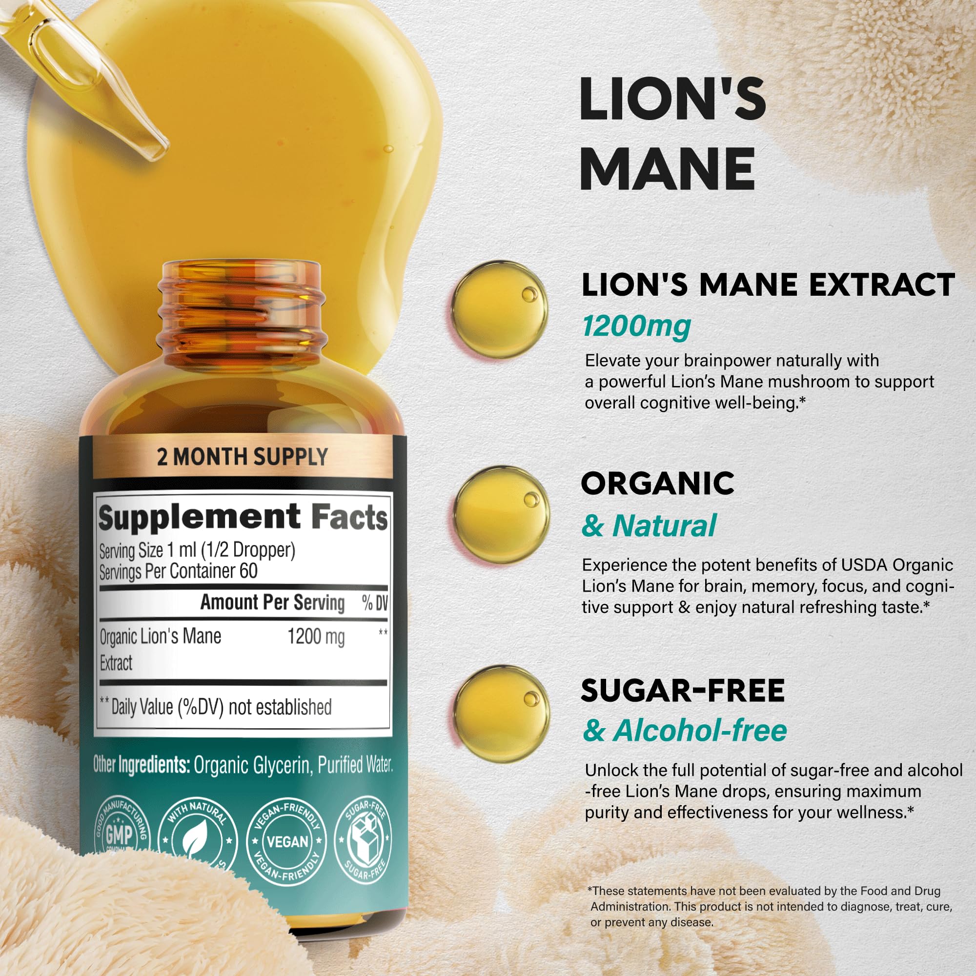 Lions Mane Liquid - USDA Certified Organic Lions Mane Supplement - Brain Support, Energy, Memory & Focus - Sugar & Alcohol-Free Lion's Mane Mushroom Extract 72,000 mg / Bottle, 2 Fl OZ, 2 Month Supply