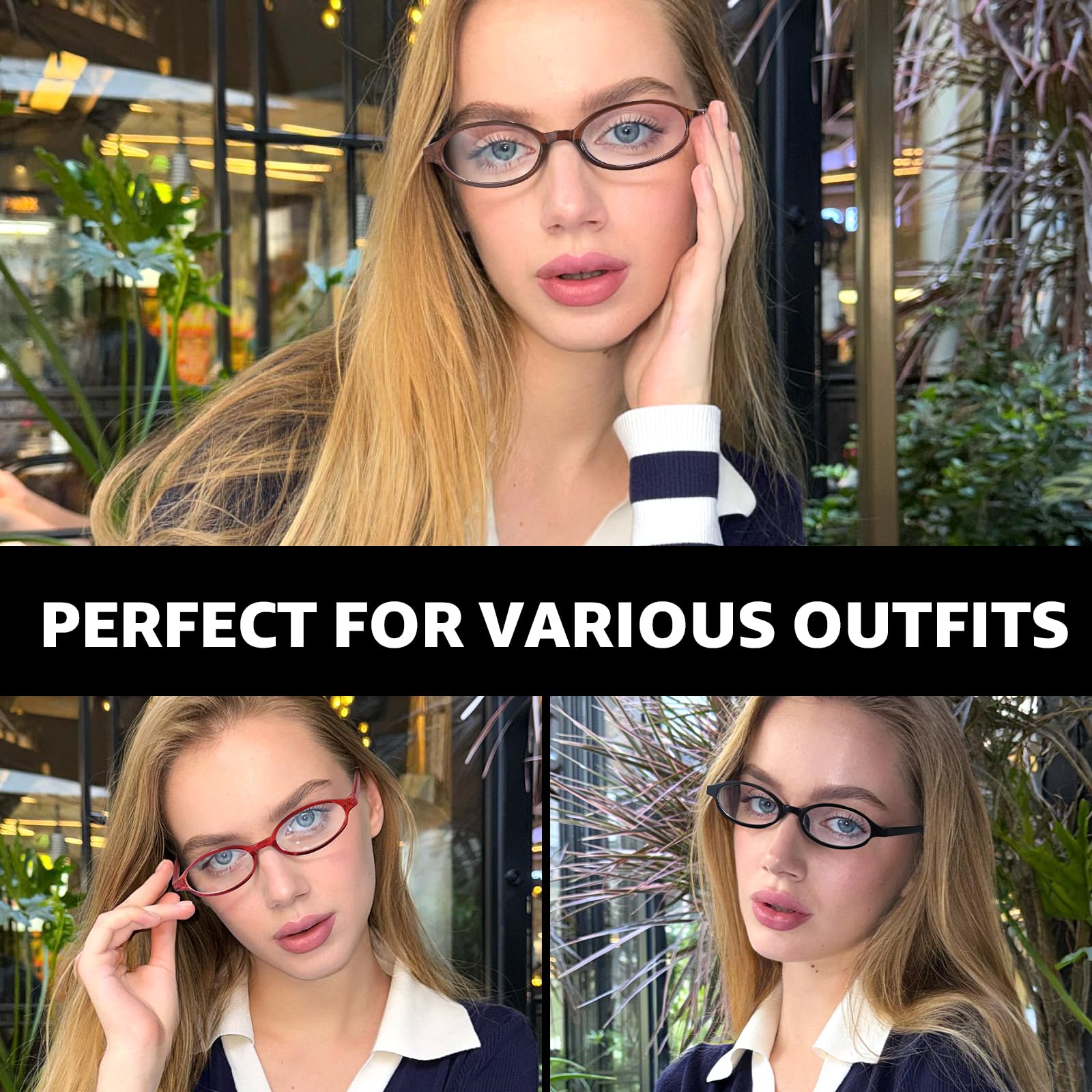 TJUTR Small Oval Glasses for Women, Office Siren & Bayonetta Glasses, Non-Prescription Blue Light Blocking Fashion Eyewear (B2 Black)