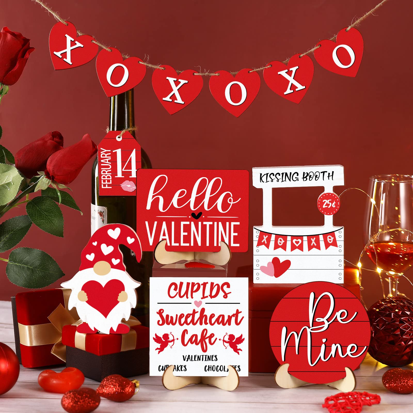 Jetec 12 Pcs Valentine's Day Tiered Tray Decor Set Valentines Heart Wood Sign Gnome Truck Rustic Farmhouse Tray Signs Table Decor for Romantic Valentine's Day Home Kitchen (Heart)