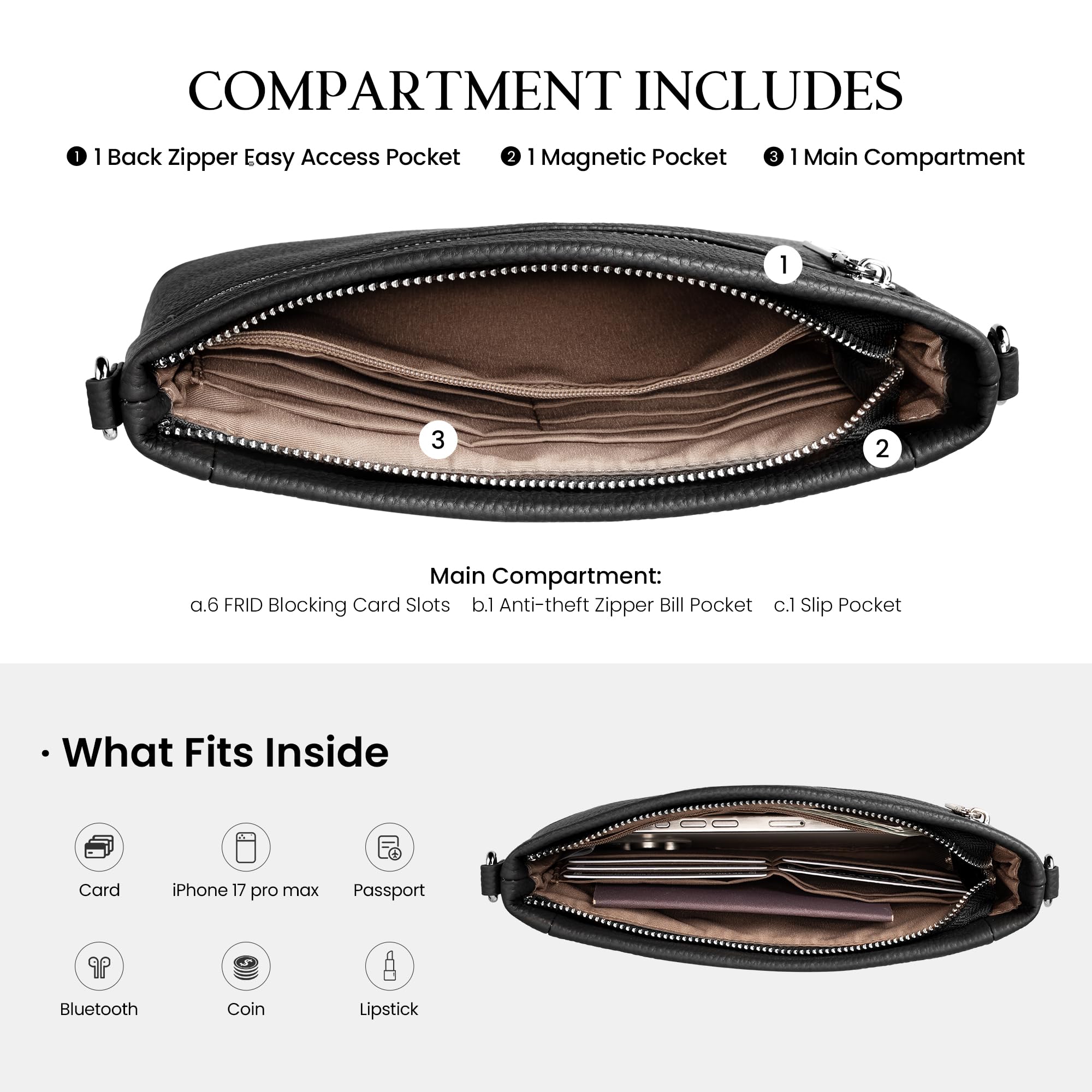 befen Genuine Leather Wristlet Wallets for Women Black Clutch Purse RFID Blocking Small Crossbody Bags Soft Real Leather Purse Trendy Wrist Wallet Travel Women Shoulder Handbag with 2 Removable Straps