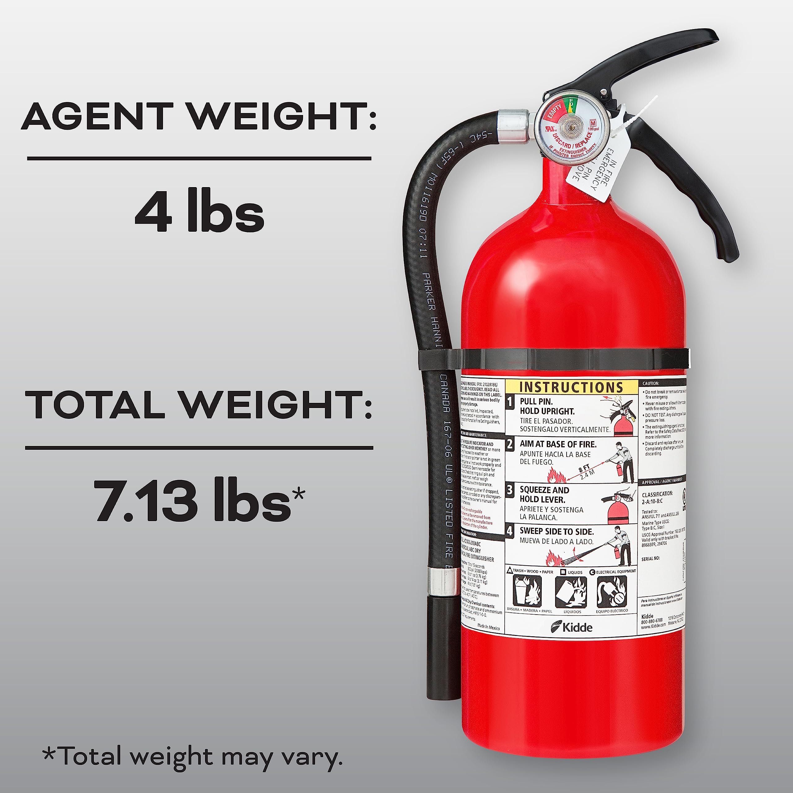 Kidde Fire Extinguisher for Home & Office Use, 2-A:10-B:C, 7.13 Lbs., Hose & Wall Mount (Included)