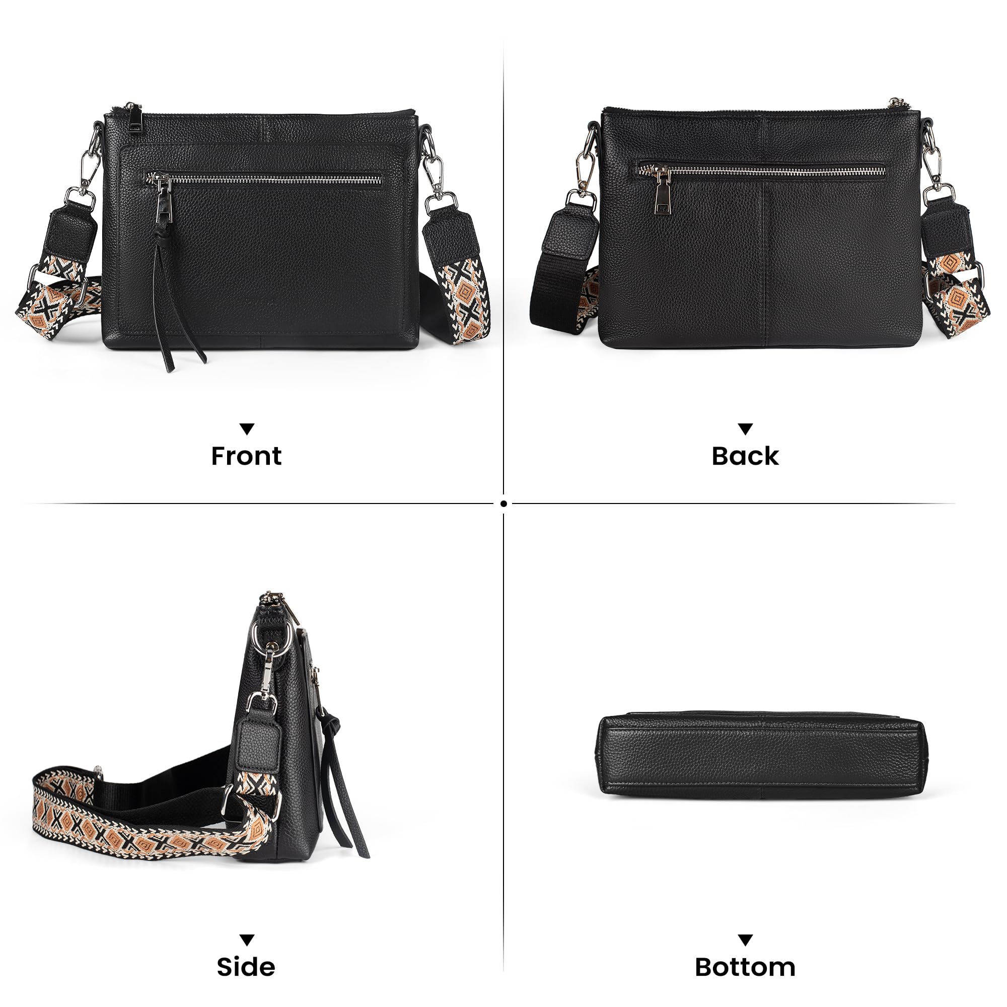 befen Genuine Leather Crossbody Bags for Women, Small Soft Leather Shoulder Bag Purse, Women's Cross body, Black Crossover Body Handbags with Adjustable Wide Guitar Strap