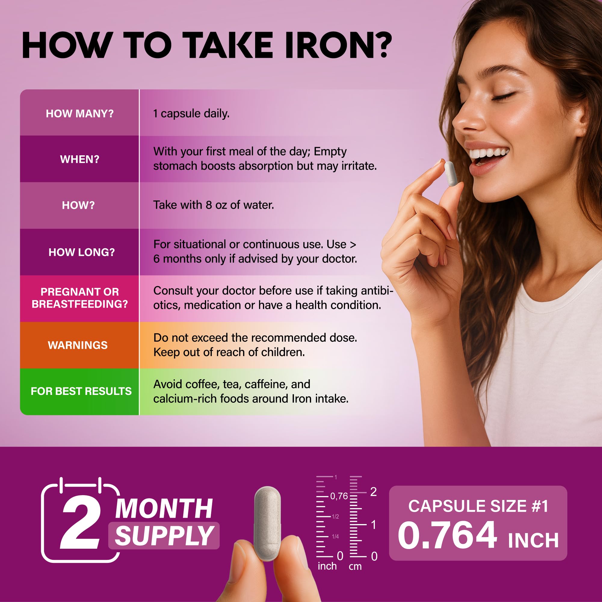 Iron Supplement for Women - Iron 65mg (Ferrous Sulfate 325mg) - Stomach Friendly | Slow Release Iron | High Absorption - Vitamins C, D3, B6, B12 & Folate - Iron Level & Energy Support - 60 Capsules