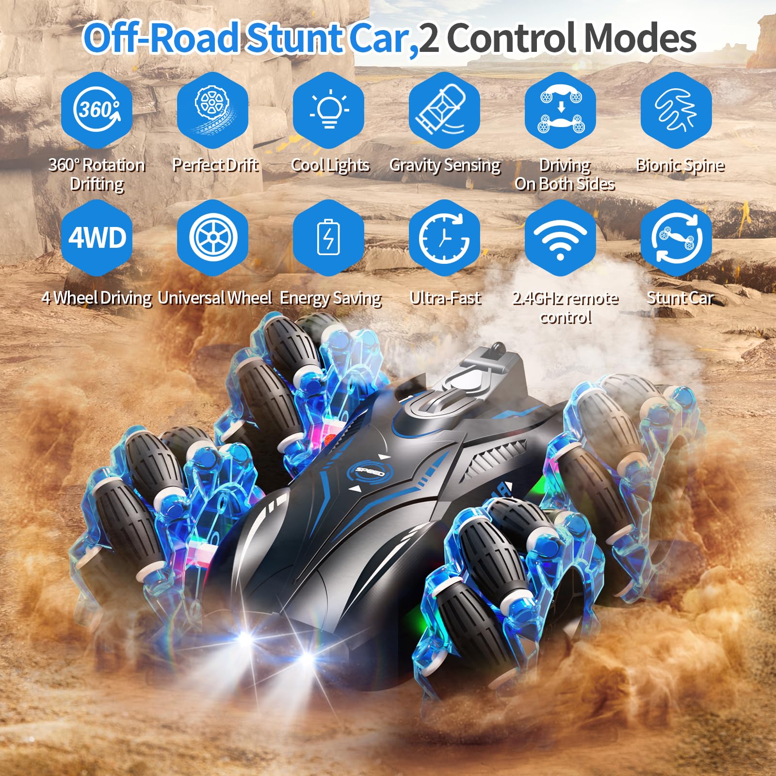 Aiqi RC Gesture Sensing Stunt Car,2.4GHz 4WD Remote Control Car with Cool Light,Double Sided Rotating Off Road Vehicle 360° Flips Cars for 6-12 Year Old Boys Girls Birthday Presents(Blue)