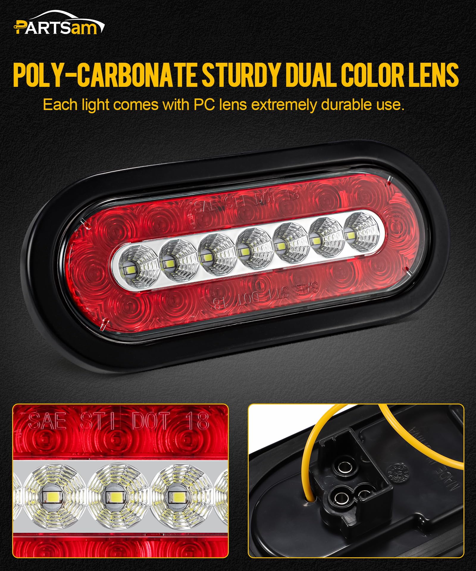 Partsam 4Pcs 6.3" Inch Oval Led Trailer Taillights Stop Brake Lights Running Red and White Backup and Reverse Lights, Sealed 6.3 inch Oval led Trailer Lights Kit Grommet Mount for RV Trucks