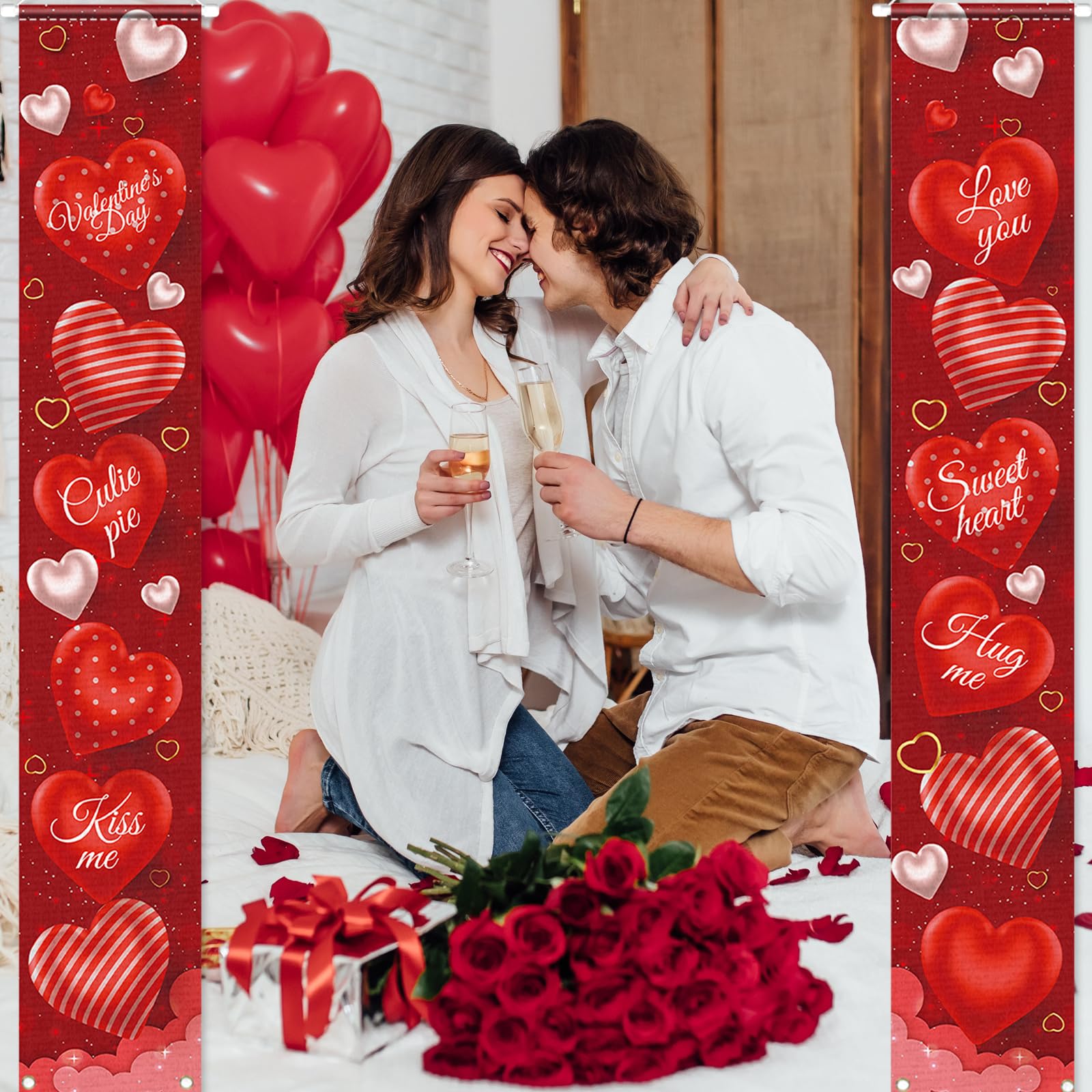 Valentine's Day Door Banner Decoration, Valentine Hanging Front Porch Welcome Sign Red Buffalo Plaid Love Heart Banner Romantic for the Home Wall School Office Indoor Outdoor Party Supplies Decor