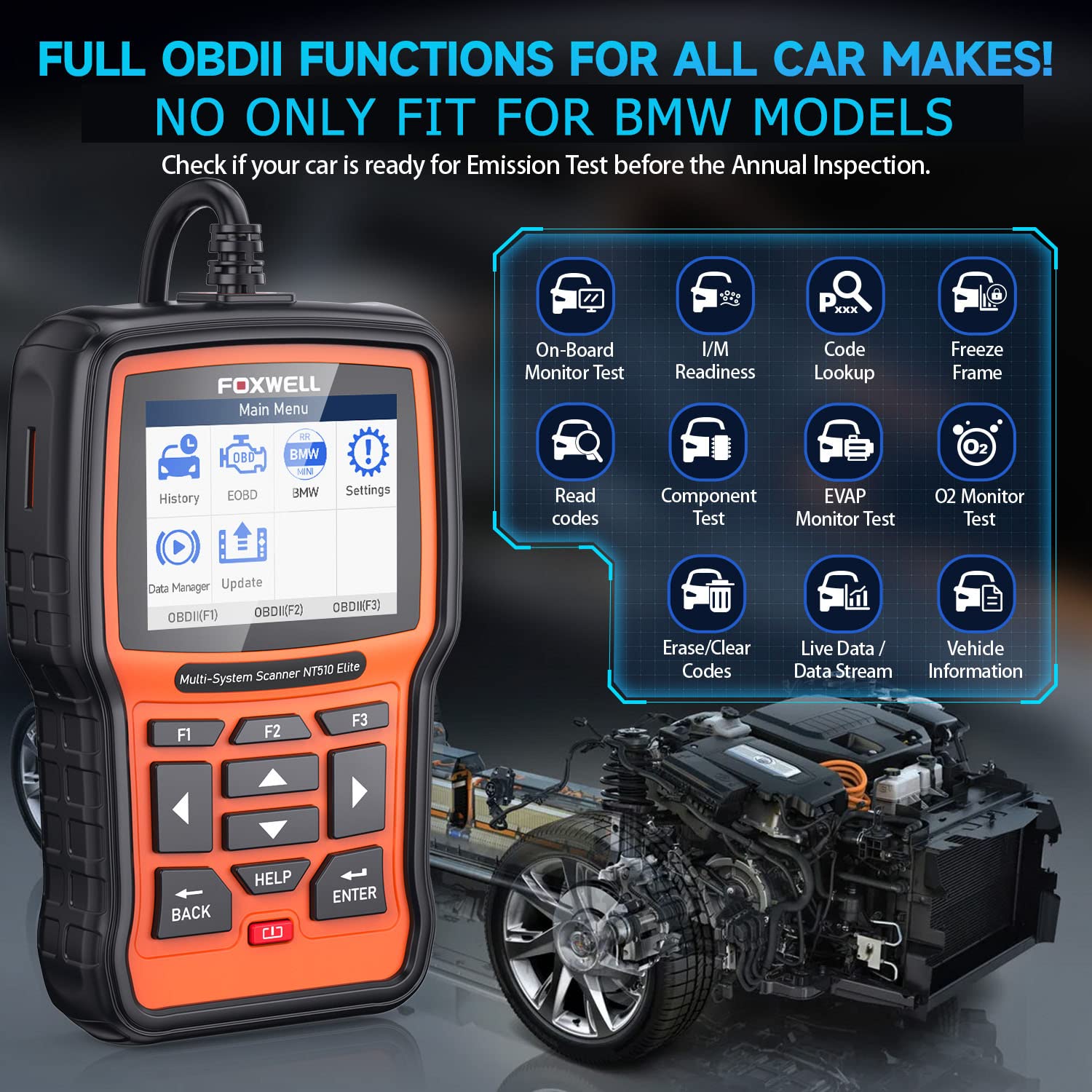 FOXWELL NT510 Elite Scan Tool fit for BMW Scanner Full Diagnostic Tool OBD2 Scanner, All System Bi-Directional Control Code Reader with All Reset Services, Battery Registration Tool fit for BMW Mini