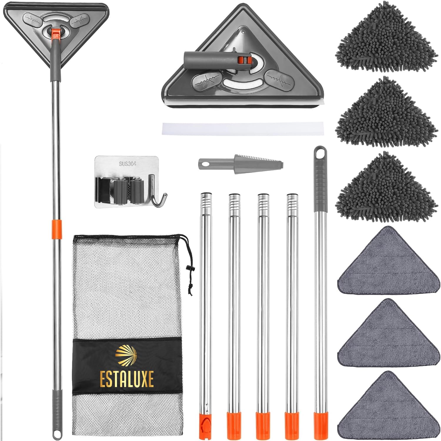 ESTALUXE 85" Wall Mop Cleaner with Long Handle and Stainless Steel Hook - 180° Rotating Wall Cleaner - Duster Tool for Walls, Multifunctional Scrapper, Ceiling, Windows and Floor with Extension Poles