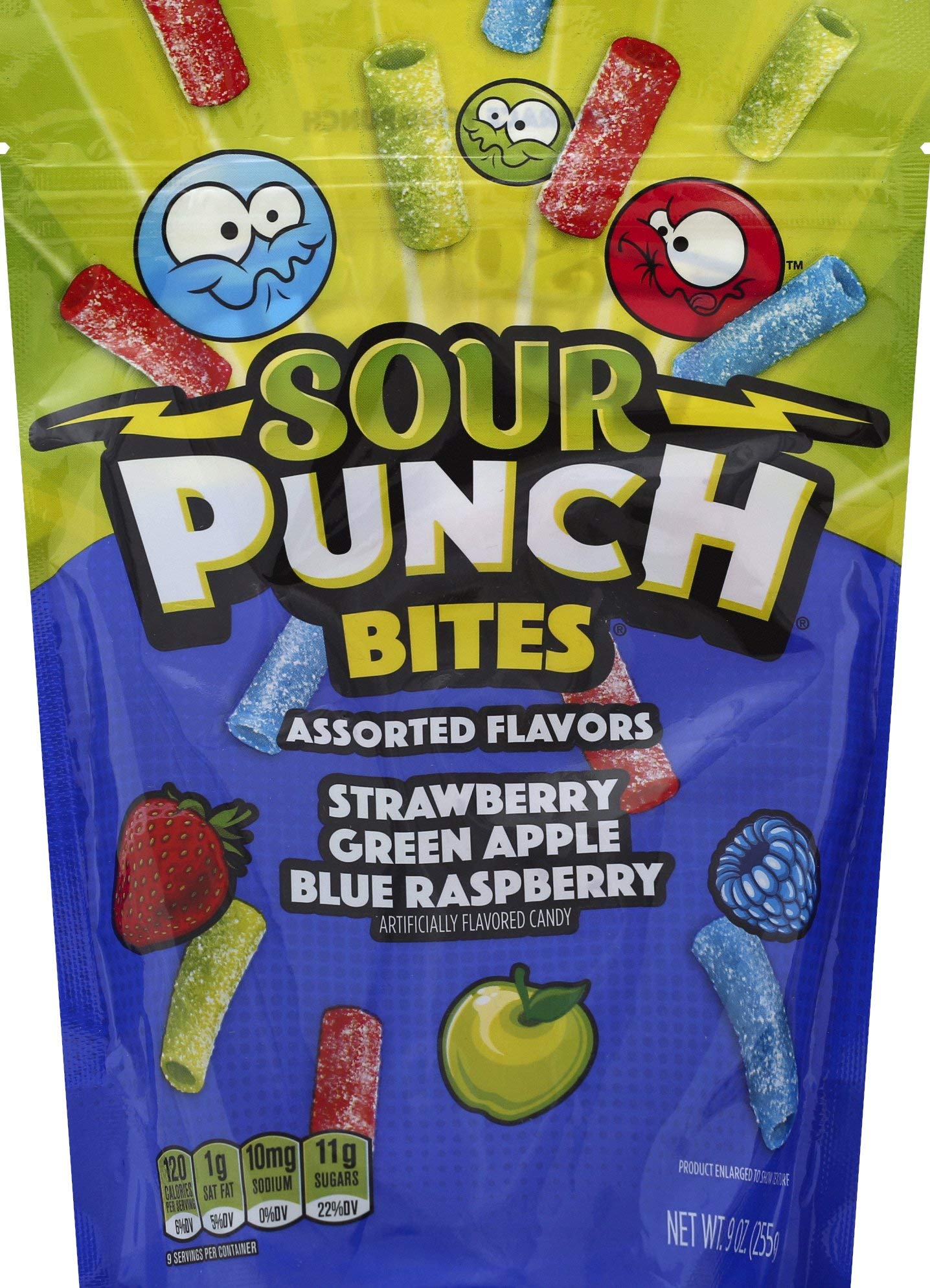Sour Punch Bites, Blue Raspberry, Apple & Strawberry Flavors, Soft & Chewy Candy, 9oz Bag (12 Pack)