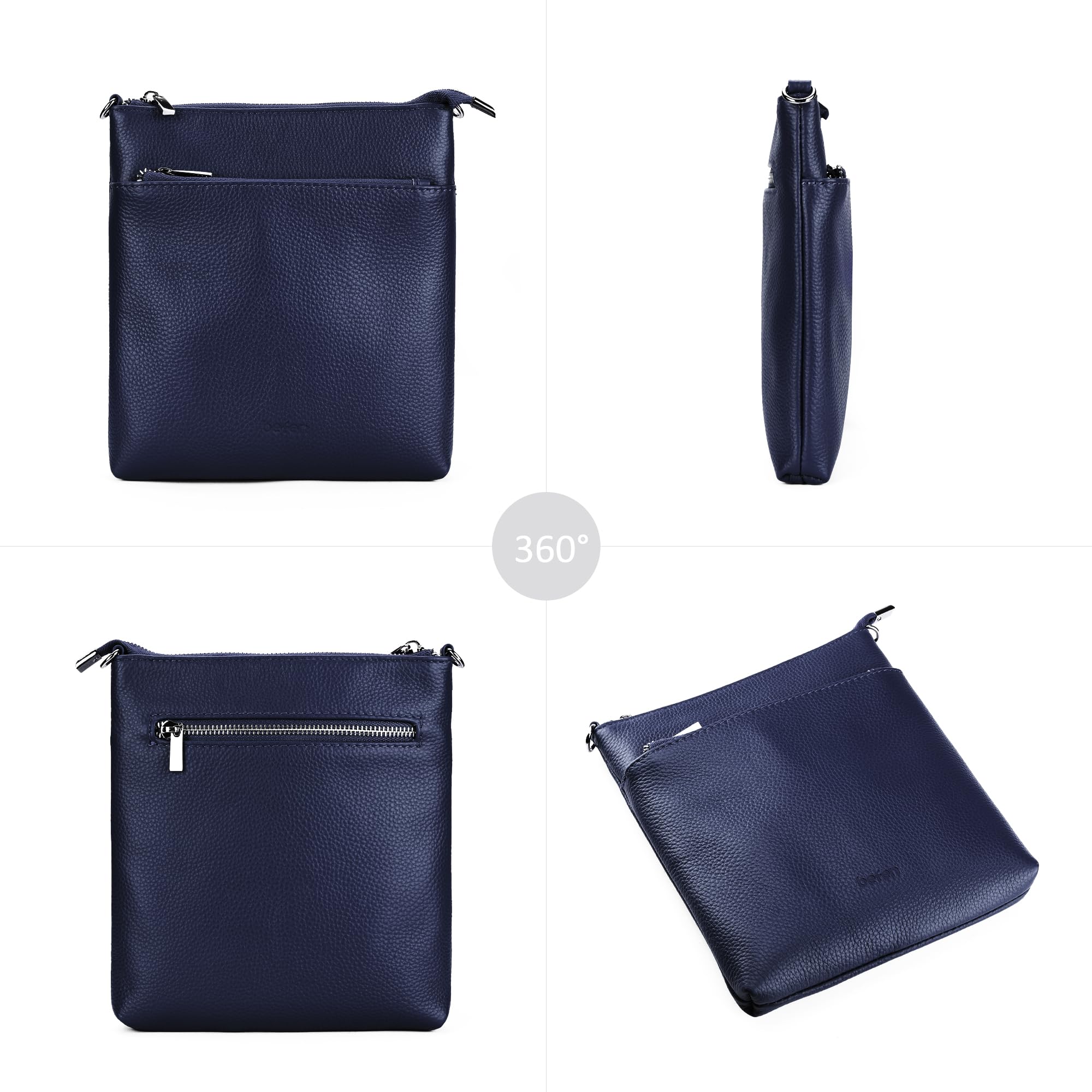 befen Small Navy Blue Genine Leather Crossbody Purses for Woman Travel Shoulder Bags with Multiple Zipper Pockets