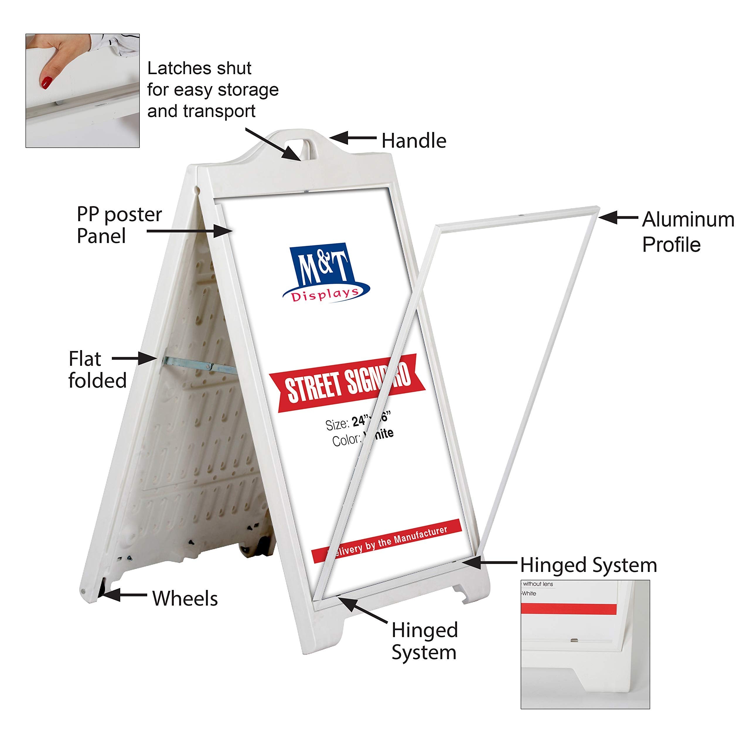 M&T Displays Street SignPro without Lens Protective Cover, 24x36 Inch Poster White Double Sided Sandwich Board Folding A-Frame Sidewalk Curb Sign Portable Advertising Display for Restaurant Cafe