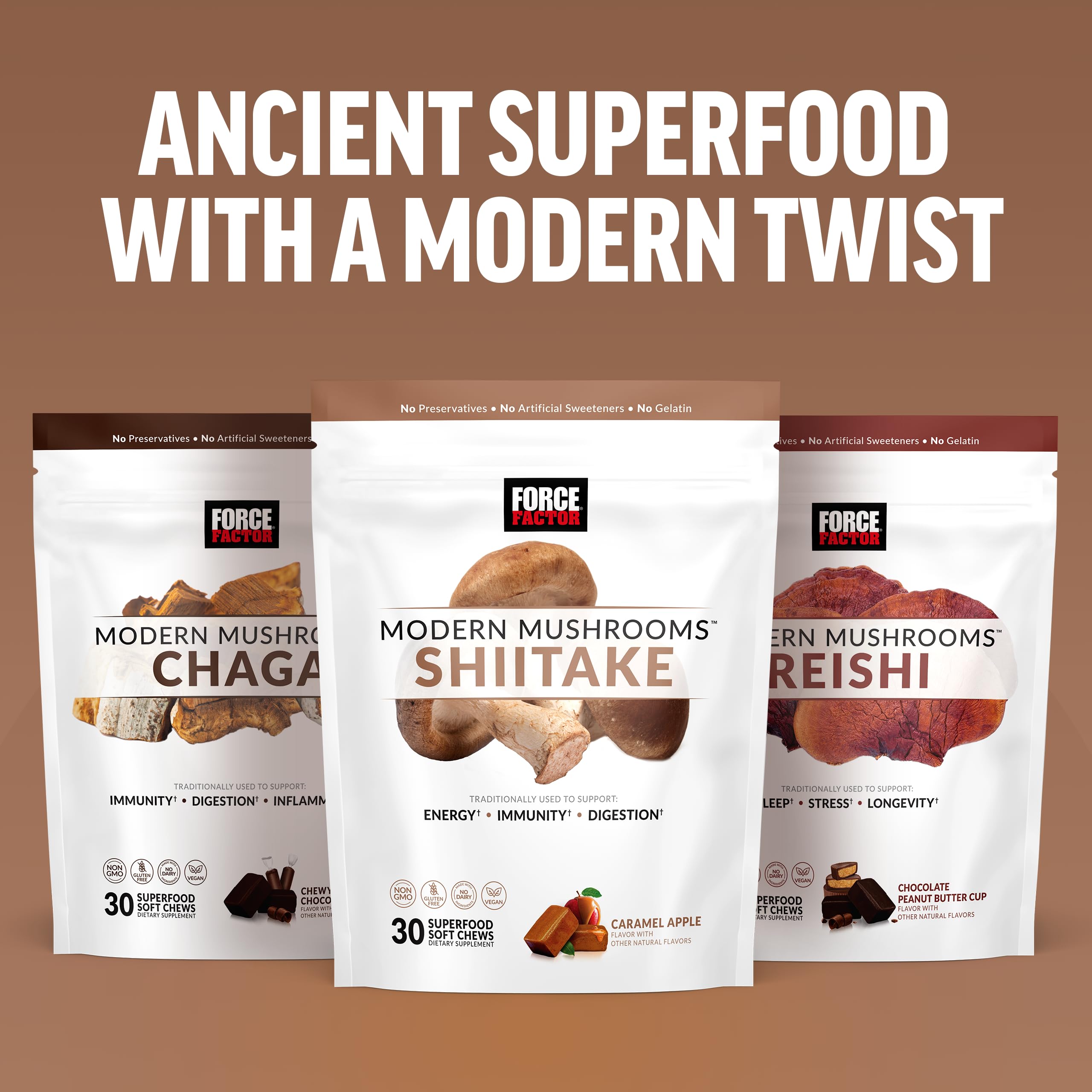 FORCE FACTOR Modern Mushrooms Soft Chews, Shiitake Mushrooms Supplement to Support Energy, Immunity, and Digestive Health, Antioxidants Supplement, Delicious Caramel Apple Flavor, 30 Soft Chews