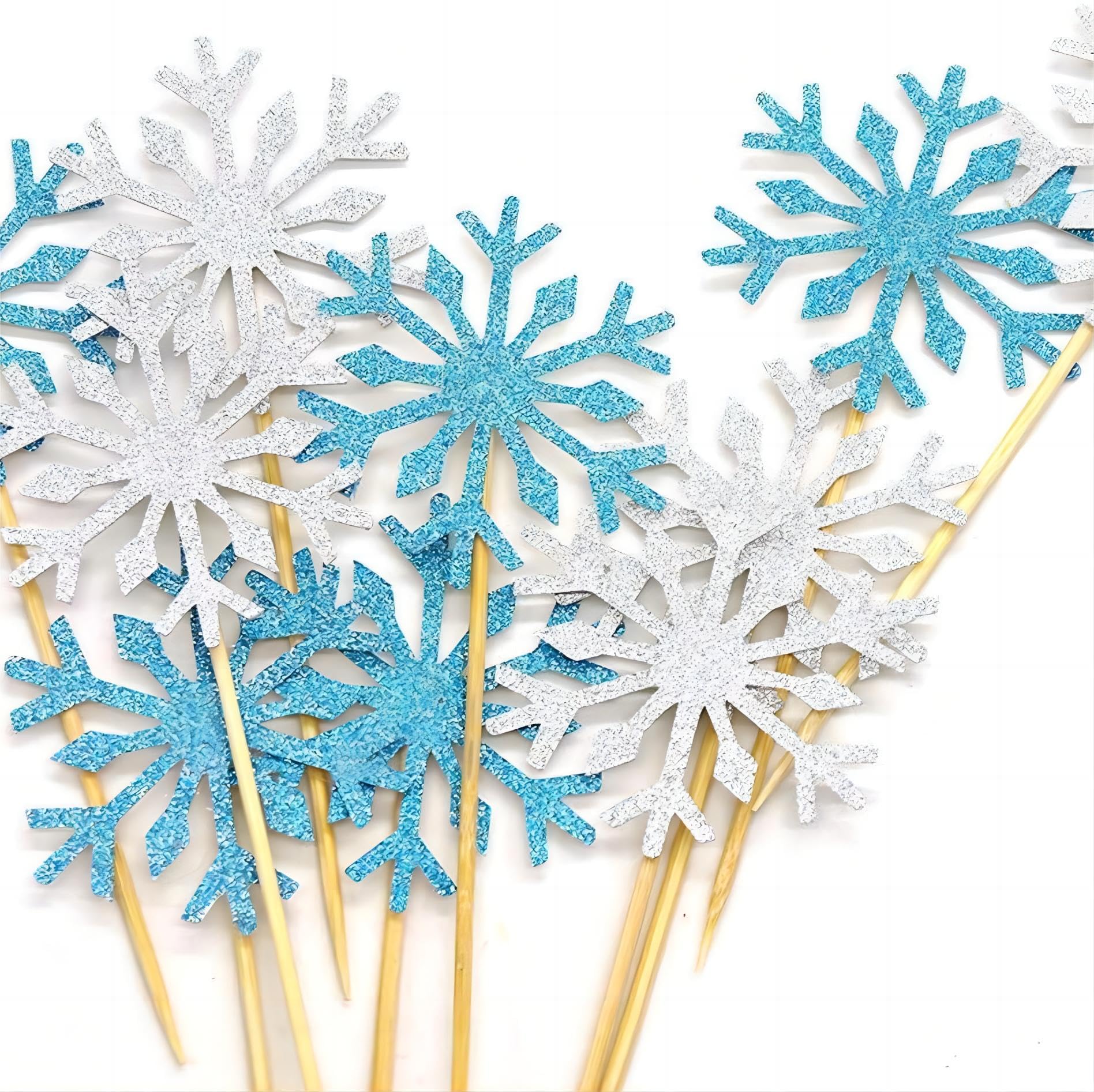 PartyWoo Frozen Cake Toppers, 20 pcs Snowflakes Cupcake Topper Set, Glitter Silver and Blue for Frozen Cake Winter Wonderland Birthday Party Decorations