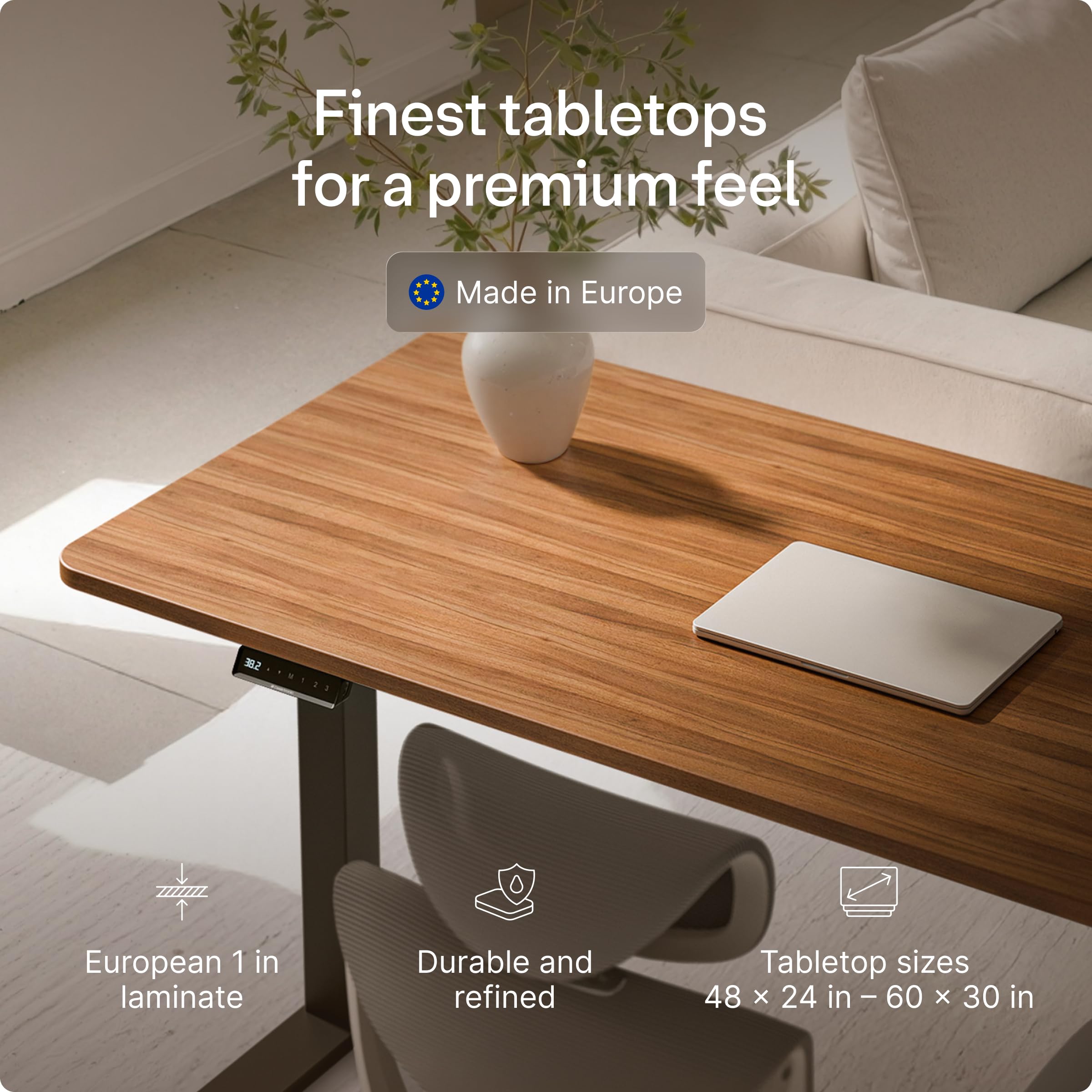 Desktronic HomeOne Standing Desk 60x30 — Ergonomic Sit Stand Home Office Desk, Made in Europe, Electric Dual Motor Height Adjustable, USB & USB-C Charging, Wobble-Free, Touchscreen, 3 Memory Presets
