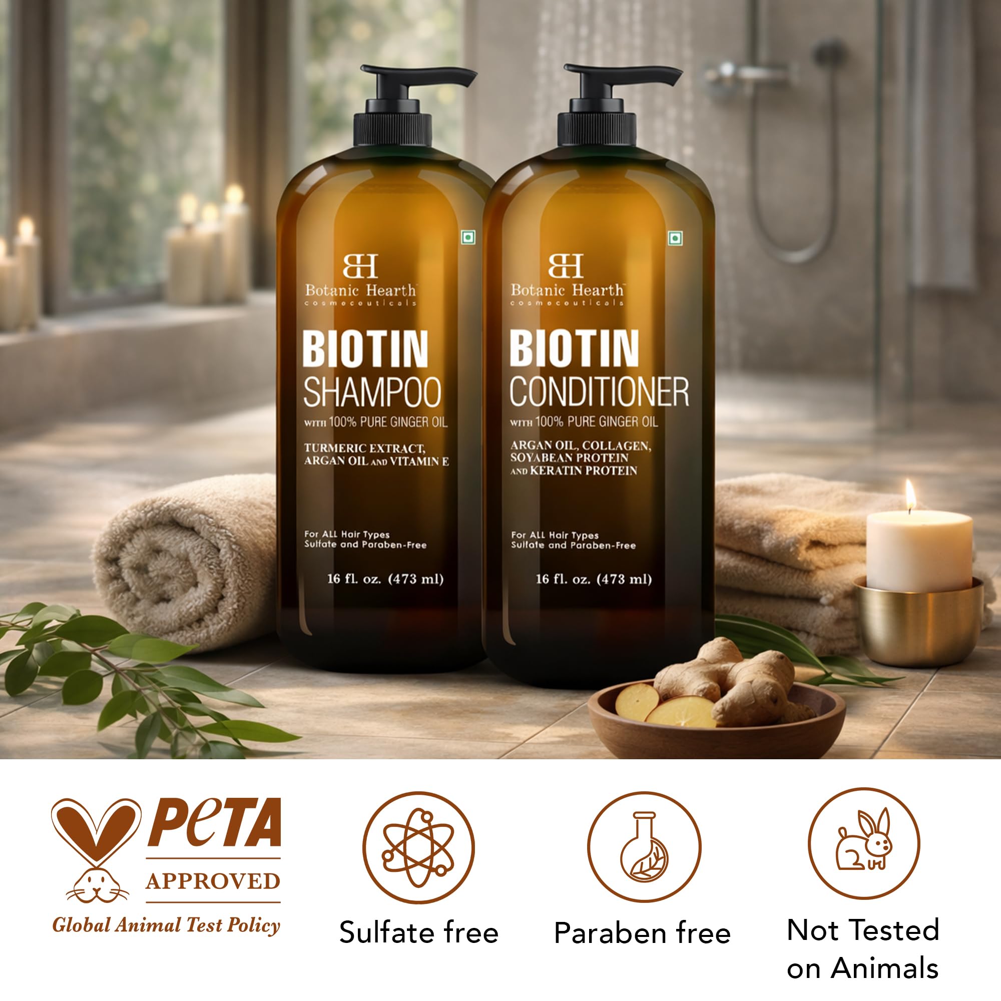 Botanic Hearth Biotin Shampoo and Conditioner Set - with Ginger Oil & Keratin for Hair Loss and Thinning Hair for Men and Women - Sulfate Free, 16 fl oz each